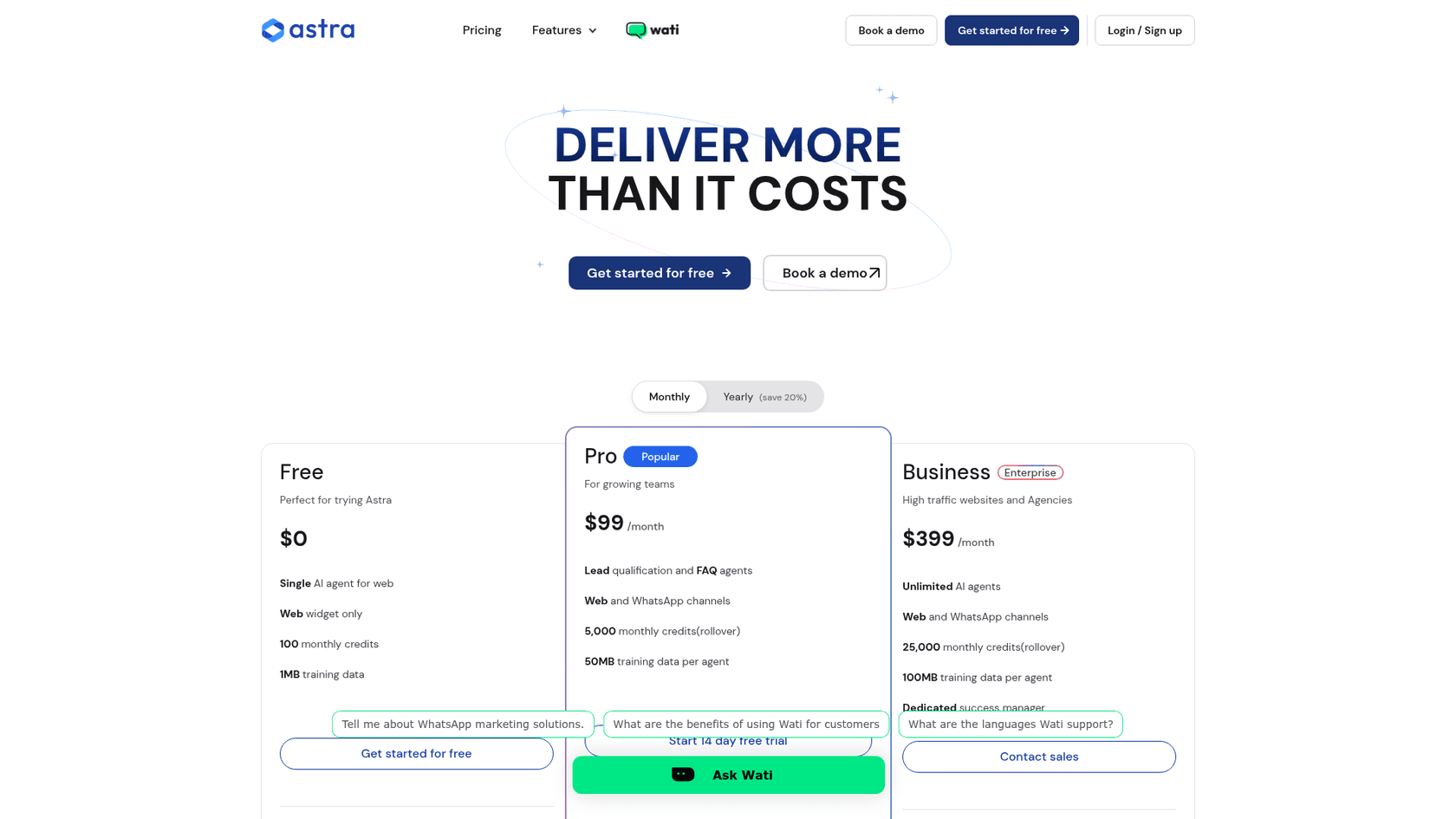 Astra pricing page with Free at $0, Pro at $99 a month and Business at $399 a month, as taken from Wati Astra