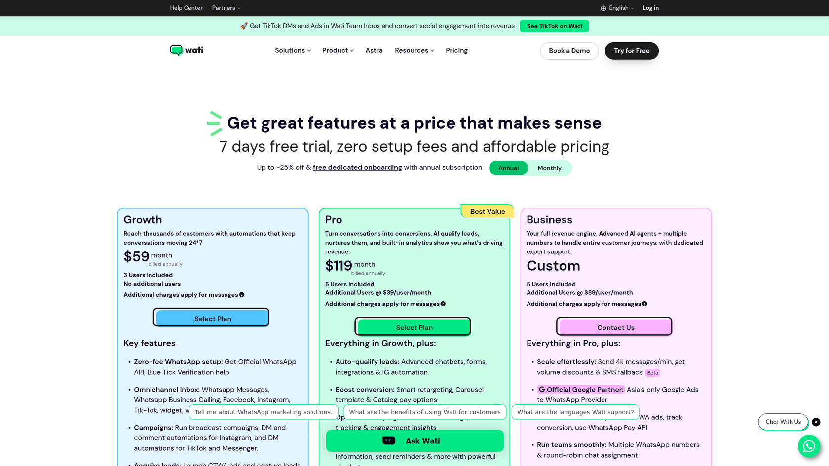 Wati pricing page showing Growth at $59 and Pro at $119 a month billed annually and Business as Custom, as taken from Wati
