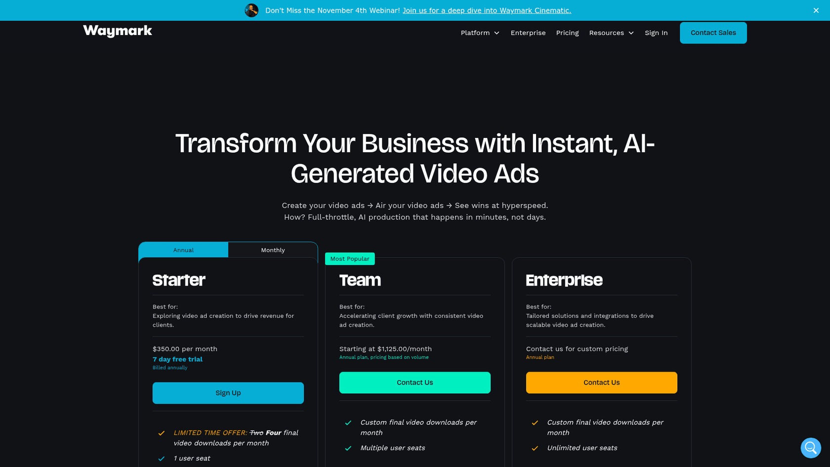 Waymark pricing page showing Starter, Team and Enterprise plans, as taken from Waymark