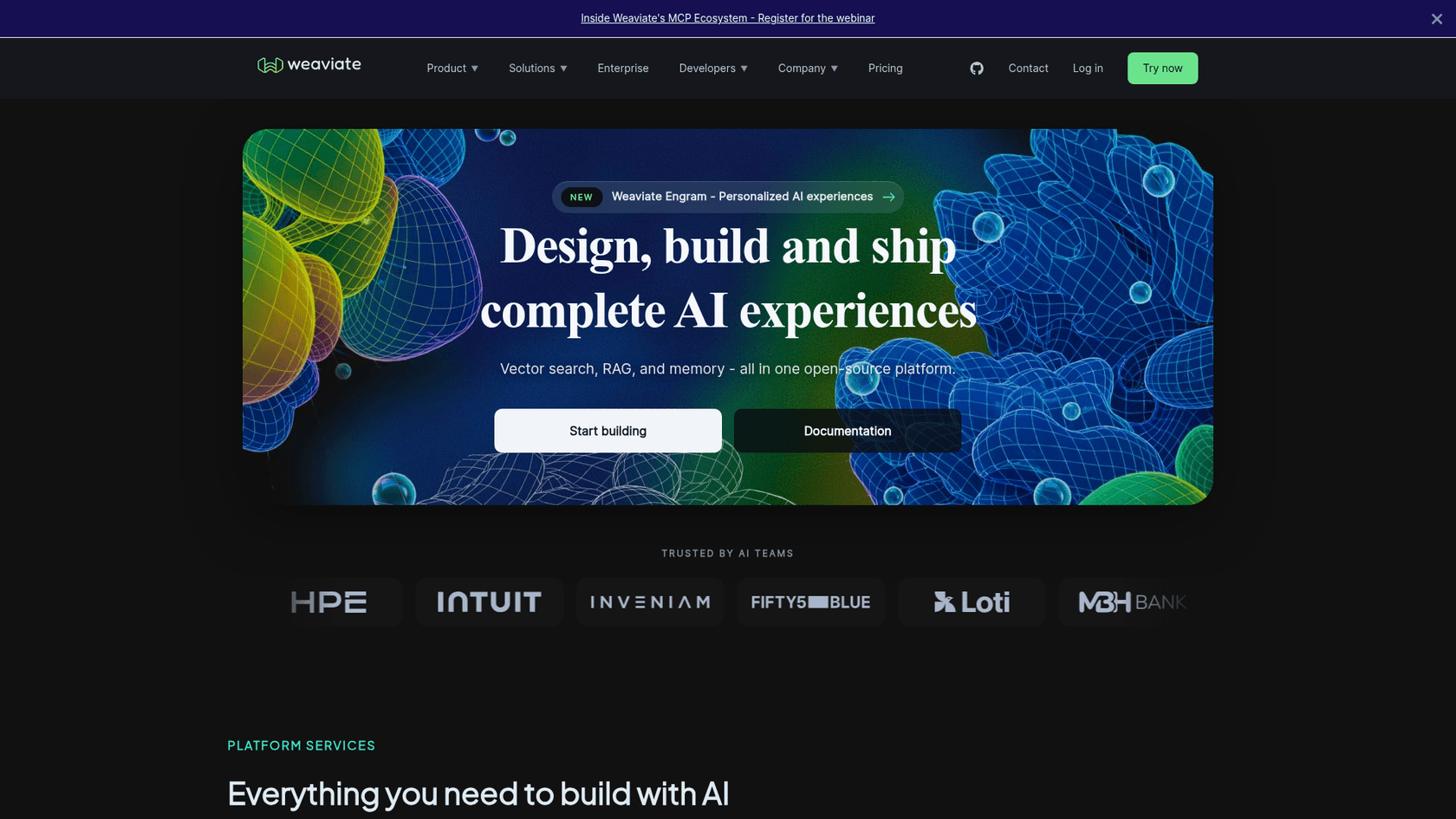 Weaviate's homepage, which describes vector search, RAG, and memory in one open-source platform, as taken from Weaviate