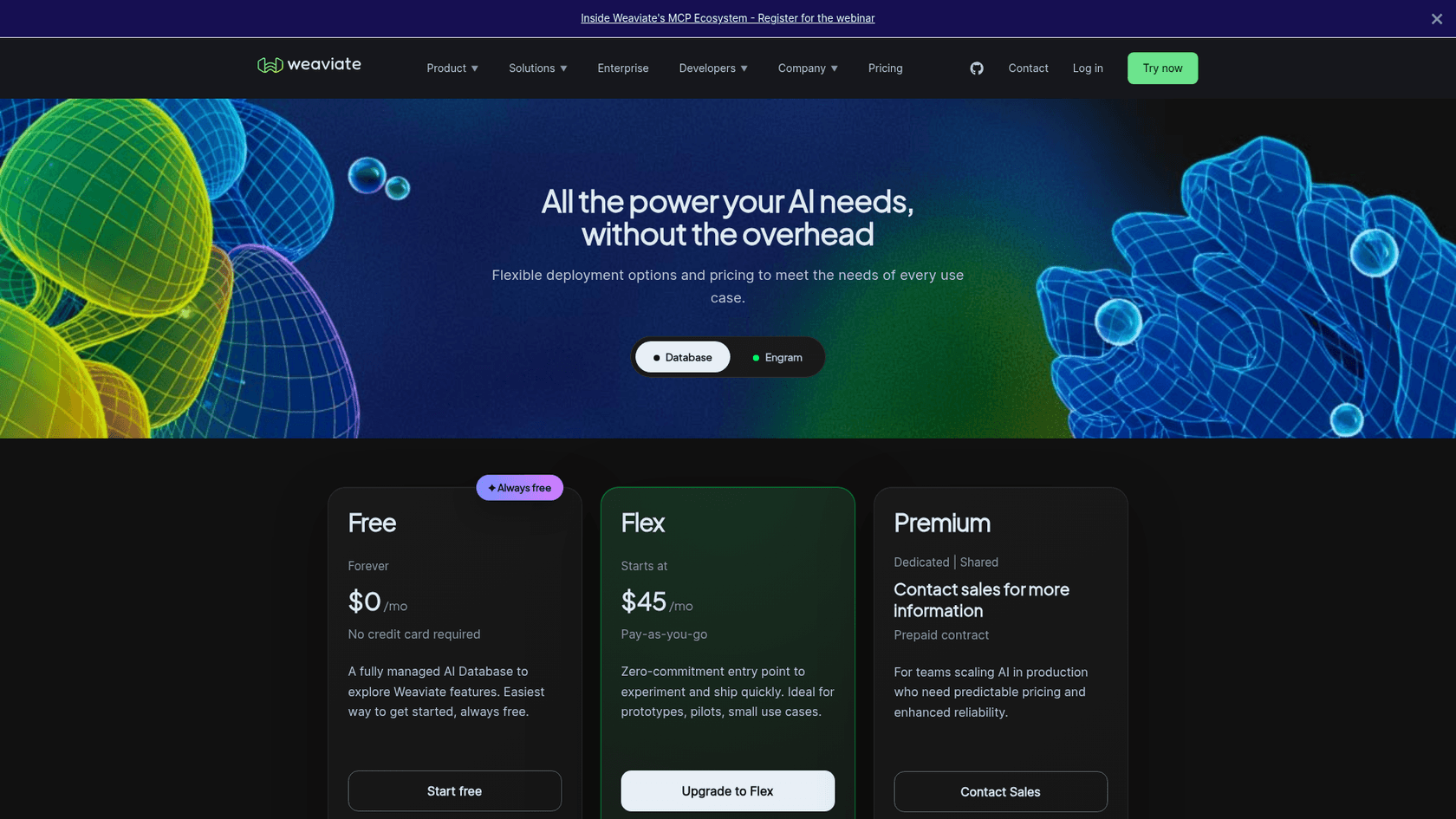 Weaviate's pricing page listing the Free, Flex, and Premium plans, as taken from Weaviate