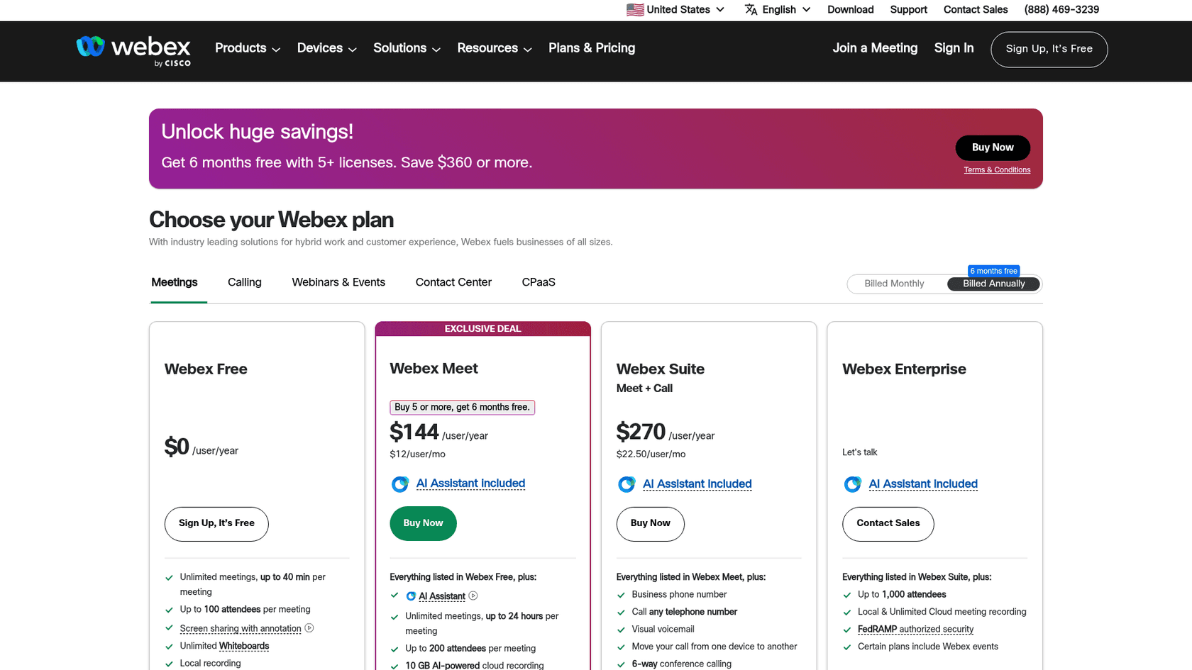 Webex's Free, Meet, Suite, and Enterprise plans, as taken from Webex