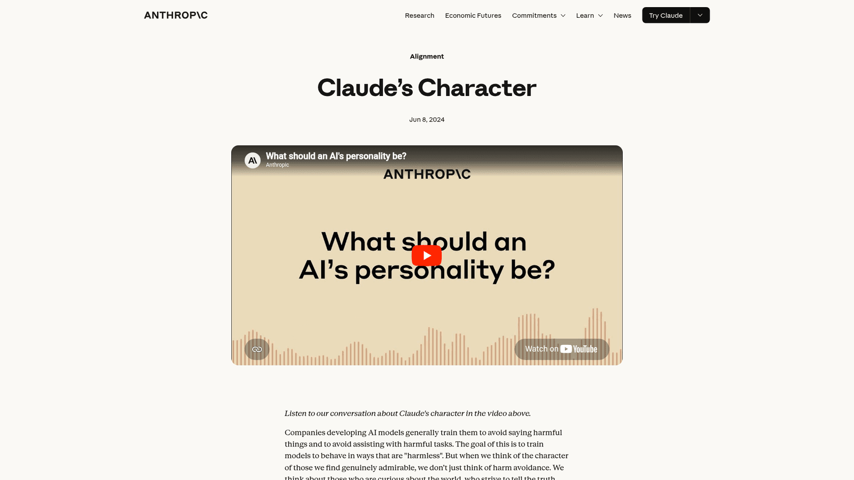 Anthropic's Claude character research page showing the character training methodology