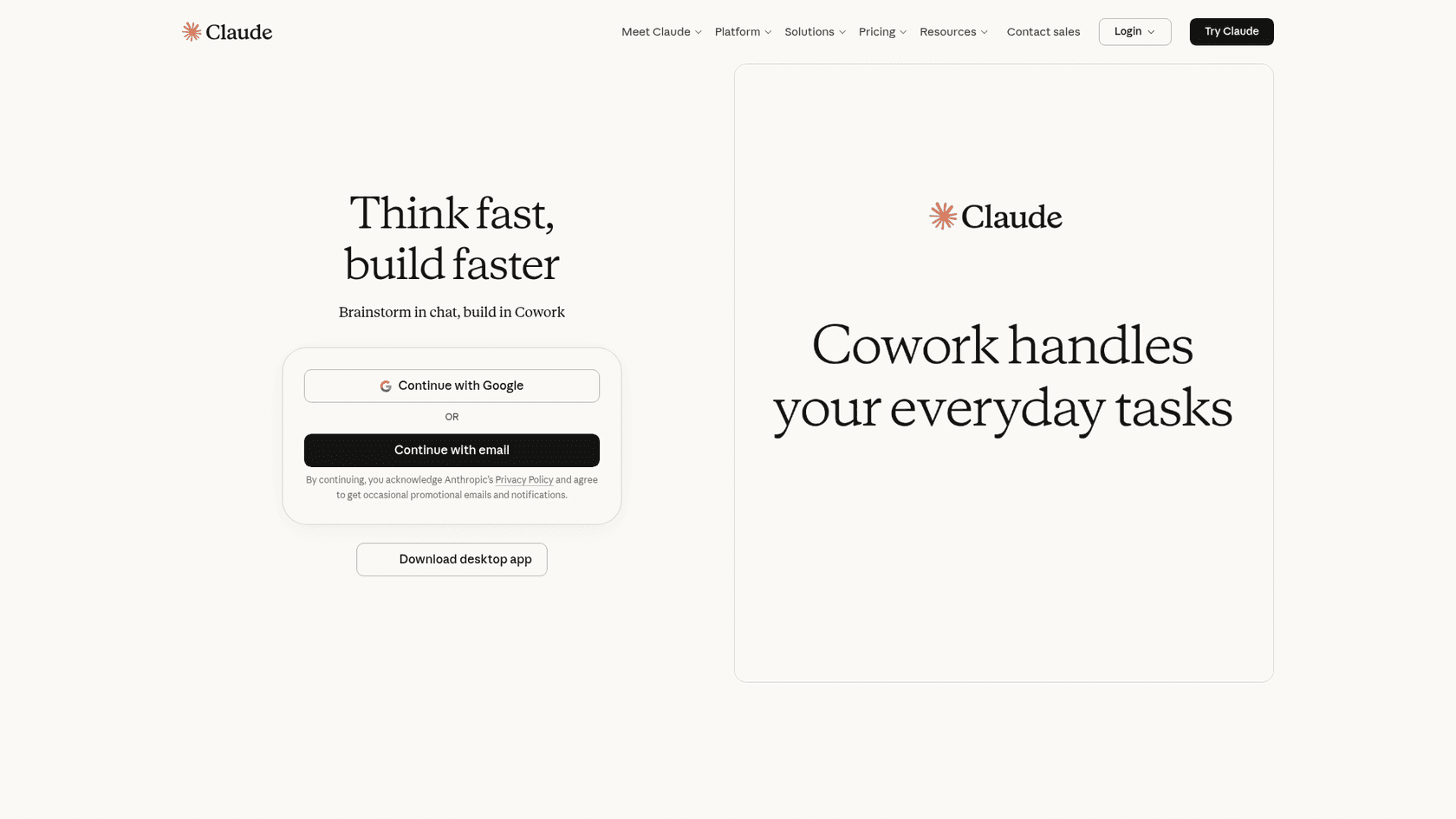 Claude.com homepage showing the product positioning as "The AI for Problem Solvers"