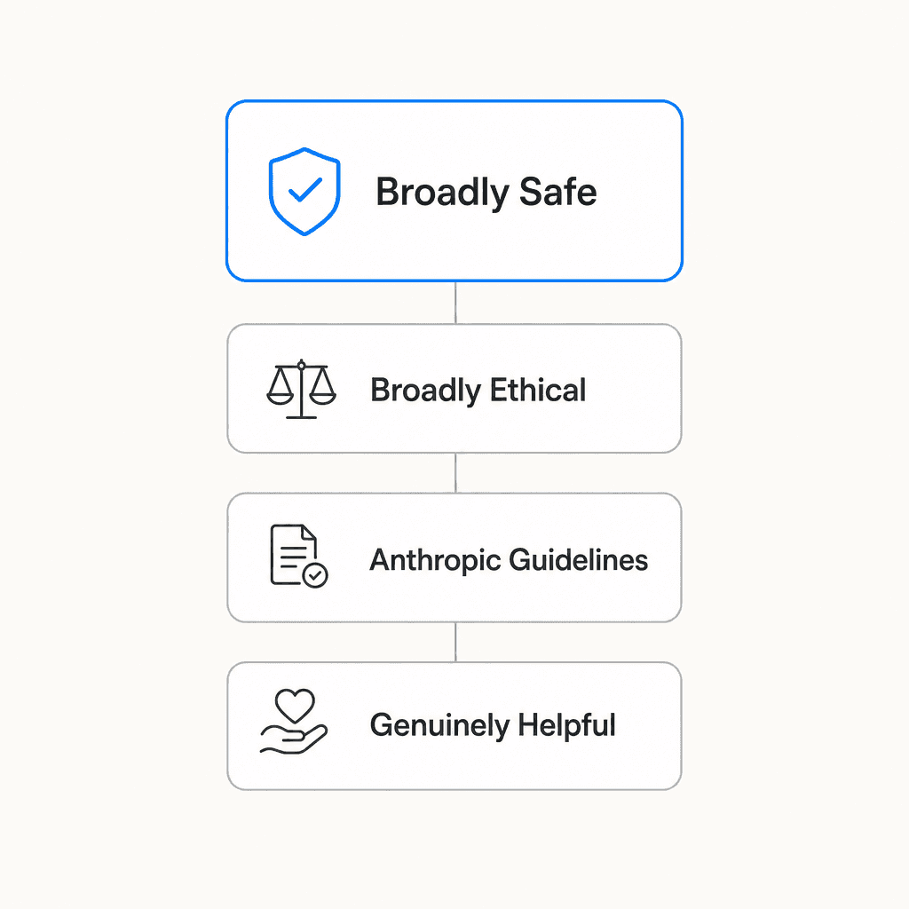 Infographic showing Claude's four-value hierarchy: Broadly Safe, Broadly Ethical, Anthropic Guidelines, Genuinely Helpful in descending priority