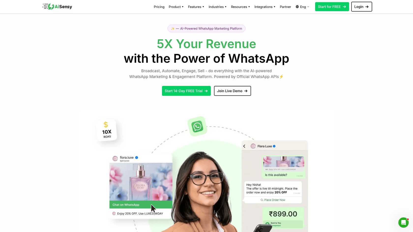 AiSensy's homepage headlined 5X your revenue with the power of WhatsApp, as taken from AiSensy