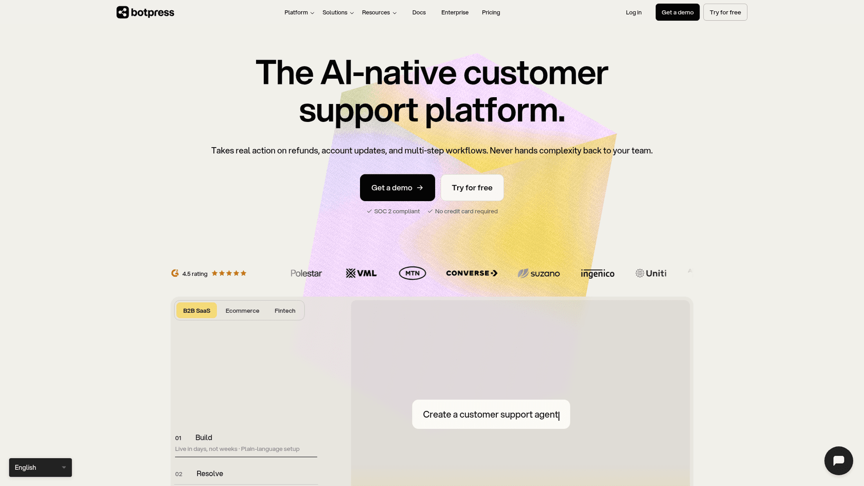 Botpress homepage headlined The AI-native customer support platform, as taken from Botpress