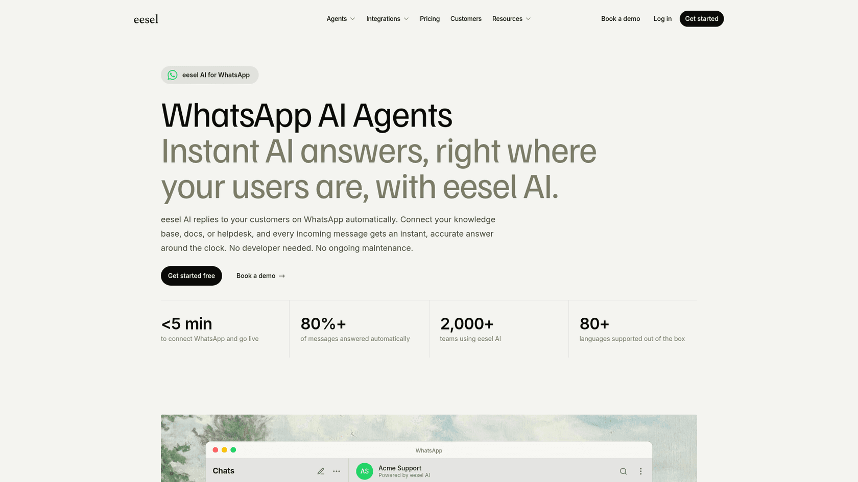 eesel's WhatsApp AI agents page showing a WhatsApp chat list and the headline about instant AI answers, as taken from eesel