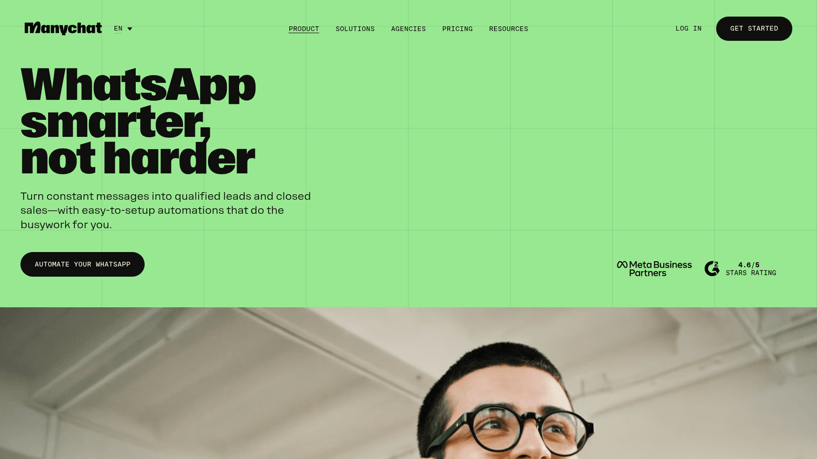Manychat's WhatsApp product page headlined WhatsApp smarter, not harder, as taken from Manychat