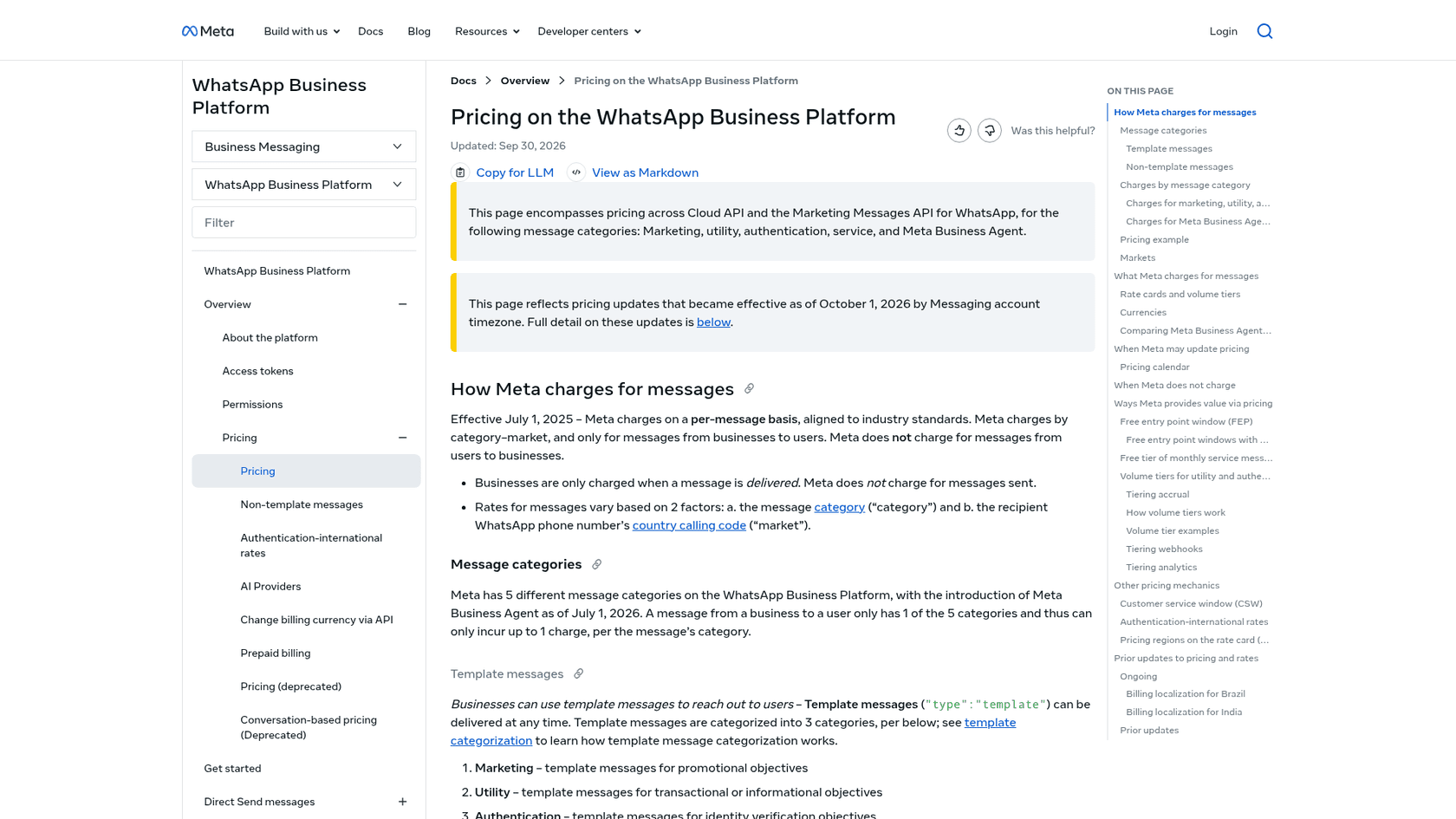 Meta's WhatsApp pricing page listing Meta Business Agent as a fifth message category, as taken from Meta's pricing docs