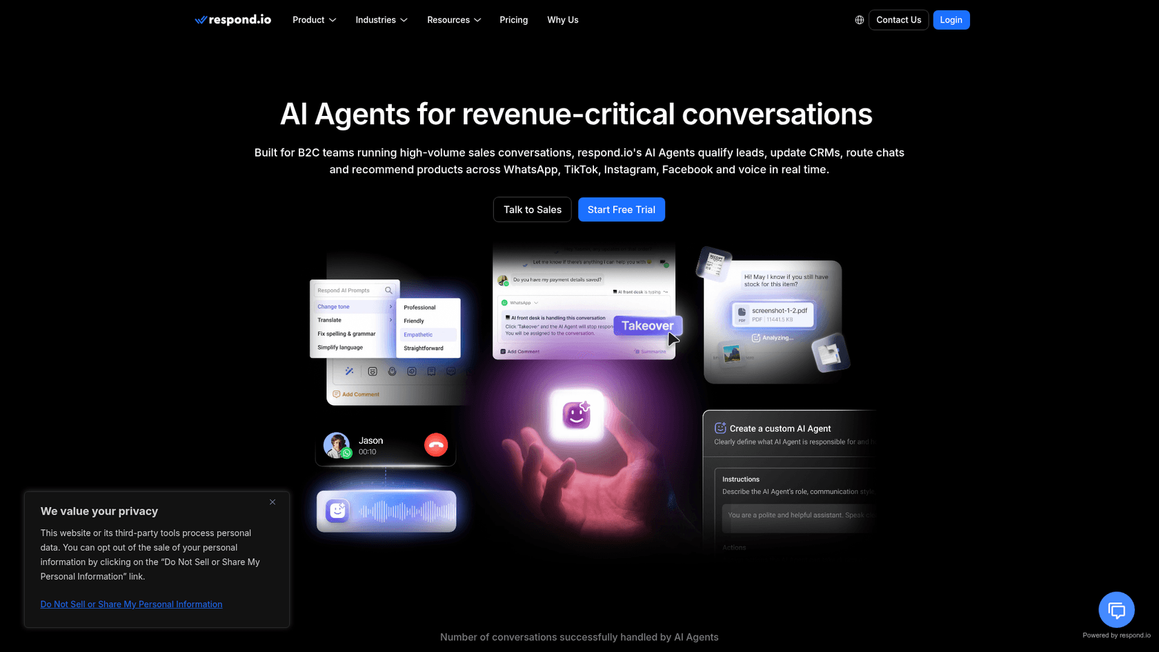respond.io's AI Agents page headlined AI Agents for revenue-critical conversations, as taken from respond.io