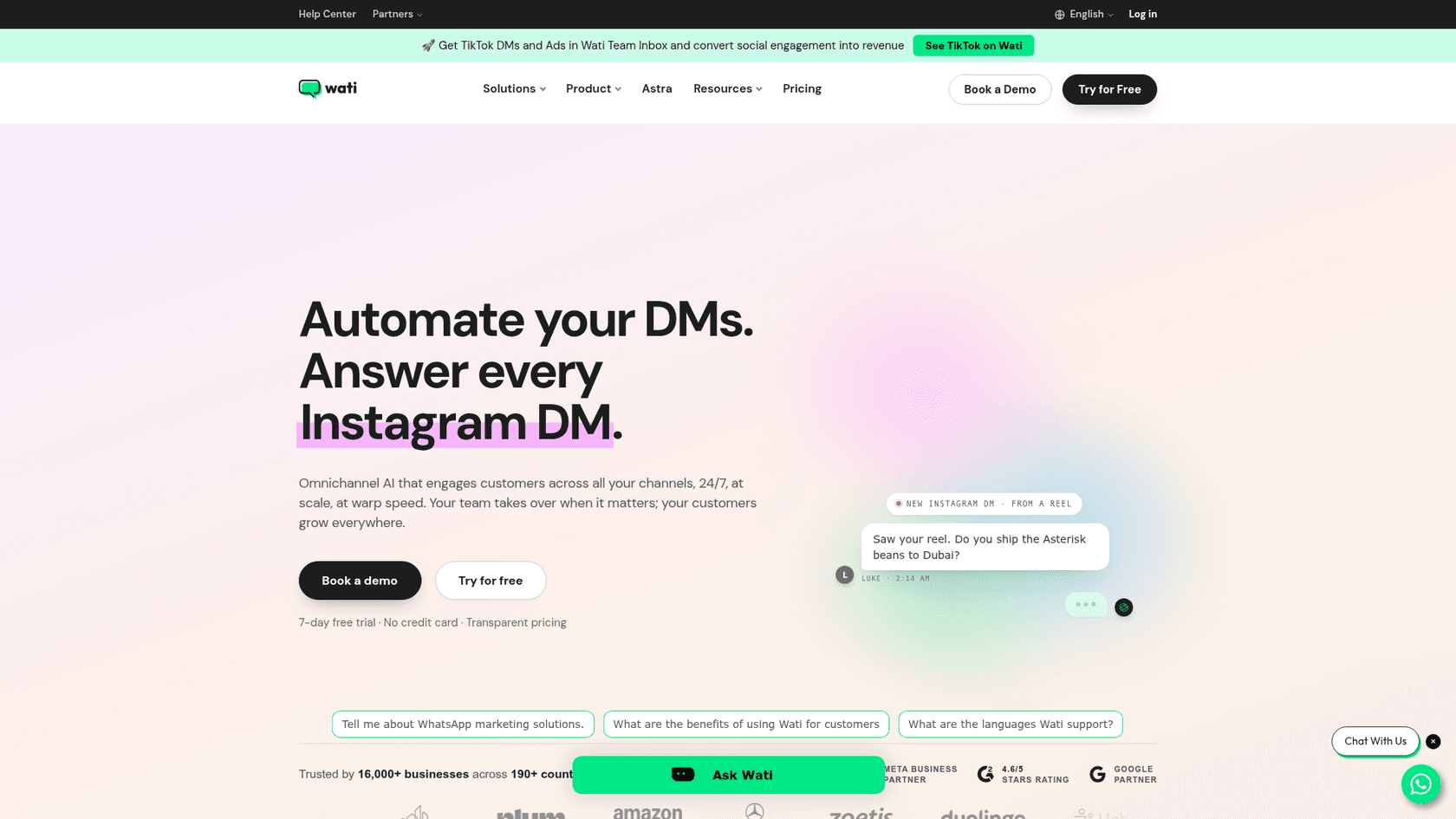 Wati's homepage with the headline Automate your DMs and its omnichannel AI pitch, as taken from Wati