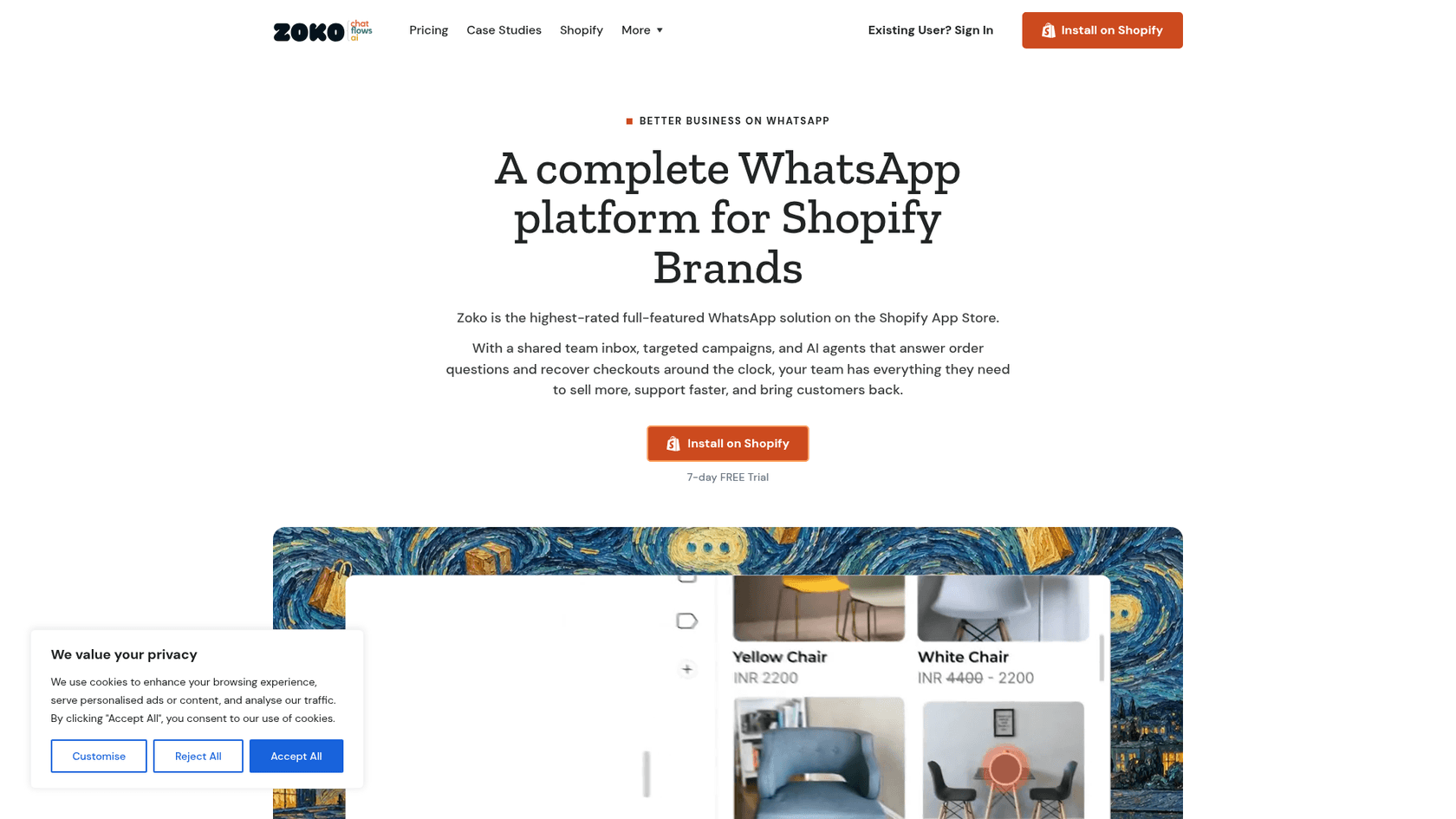 Zoko's homepage headlined A complete WhatsApp platform for Shopify brands, as taken from Zoko