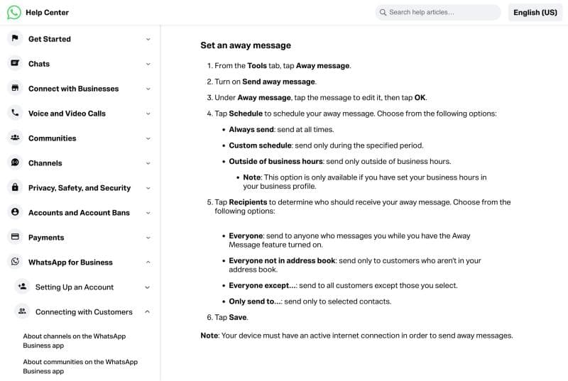 WhatsApp Help Center steps for setting an away message on Android: Tools tab, Away message, Send away message, edit the text, then Schedule with Always send, Custom schedule or Outside of business hours, Recipients, and Save, as taken from WhatsApp Help Center