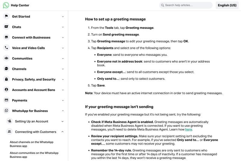 WhatsApp Help Center steps for setting up a greeting message on Android, plus troubleshooting notes on Meta Business Agent and the 14-day rule, as taken from WhatsApp Help Center