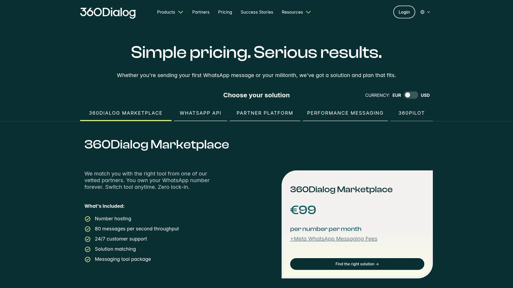 360dialog pricing page showing the 360Dialog Marketplace plan at €99 per number per month plus Meta WhatsApp messaging fees, as taken from 360dialog