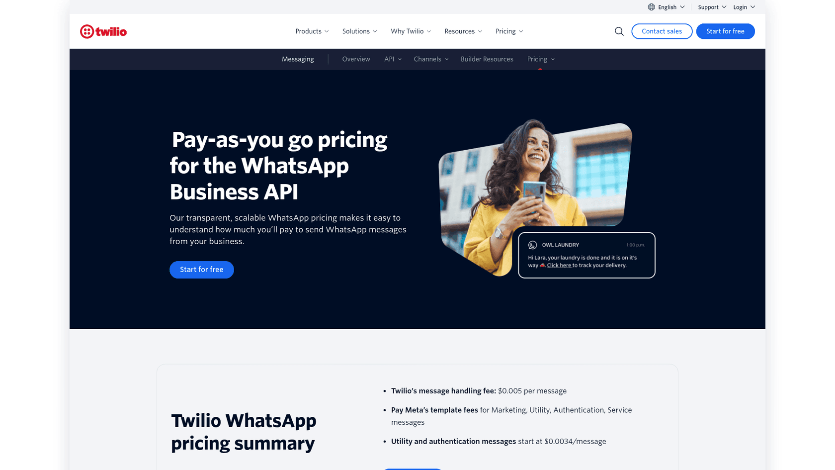 Twilio WhatsApp pricing page summarising a $0.005 per message handling fee plus Meta's template fees, as taken from Twilio