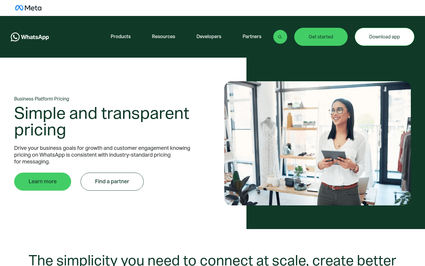 WhatsApp Business Platform pricing page with the headline Simple and transparent pricing, as taken from WhatsApp Business
