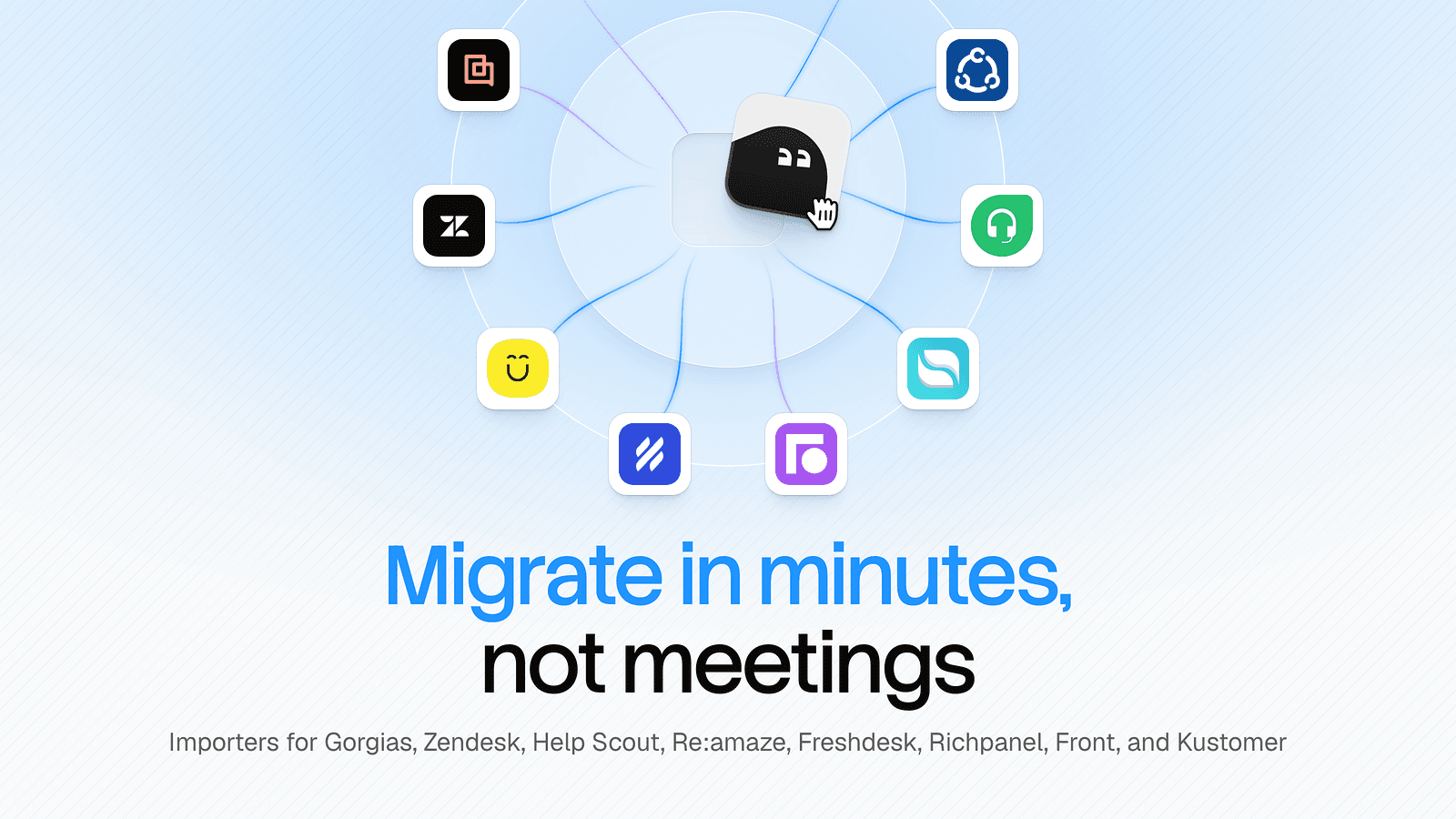 Commslayer's migration screen headed Migrate in minutes, not meetings, listing importers for Gorgias, Zendesk, Help Scout, Re:amaze, Freshdesk, Richpanel, Front and Kustomer, as taken from the Commslayer listing on the Shopify App Store