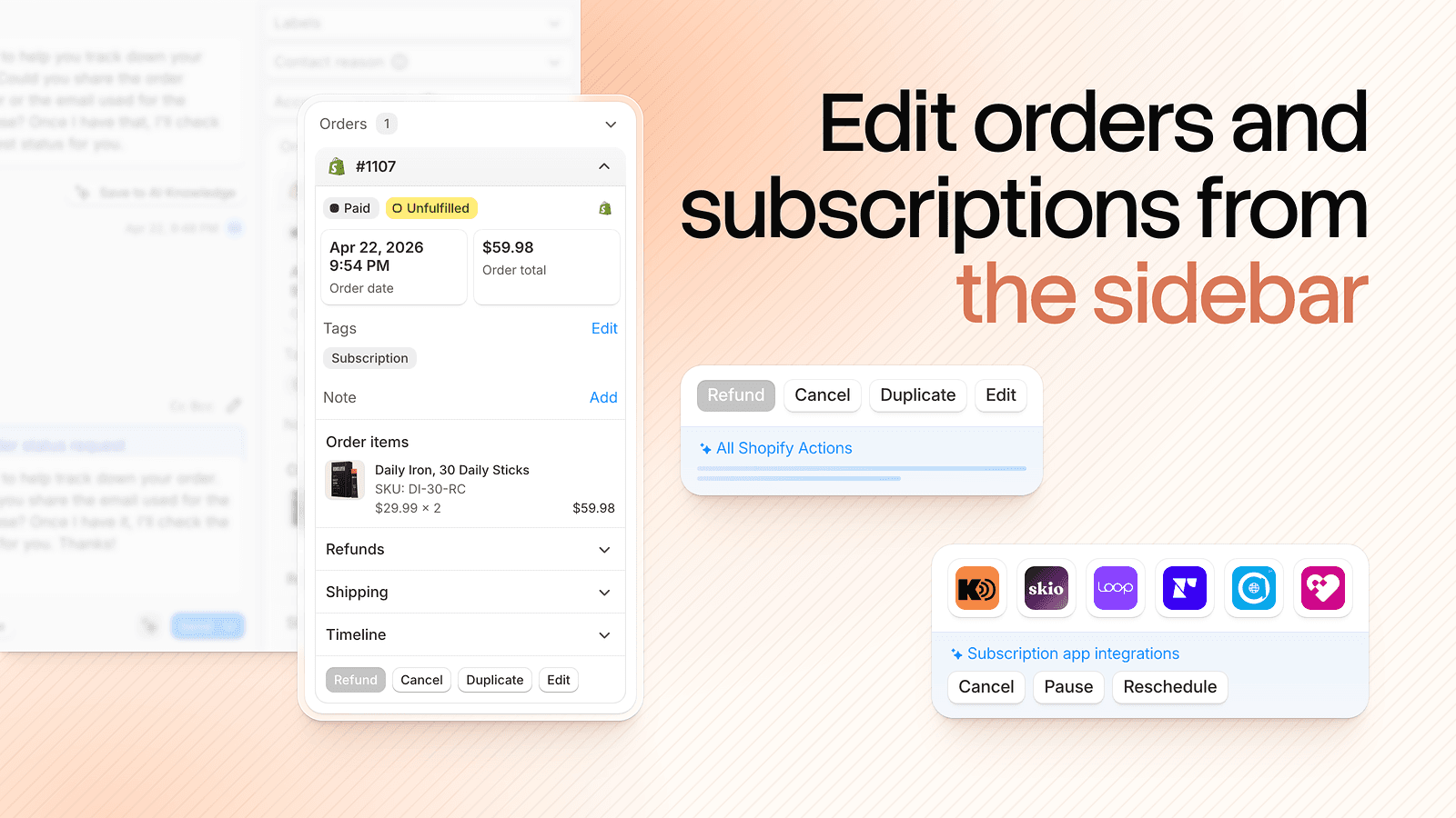 Commslayer's helpdesk sidebar showing a Shopify order with paid and unfulfilled status, order items and Refund, Cancel, Duplicate and Edit buttons, plus subscription app integrations with Cancel, Pause and Reschedule, as taken from the Commslayer listing on the Shopify App Store