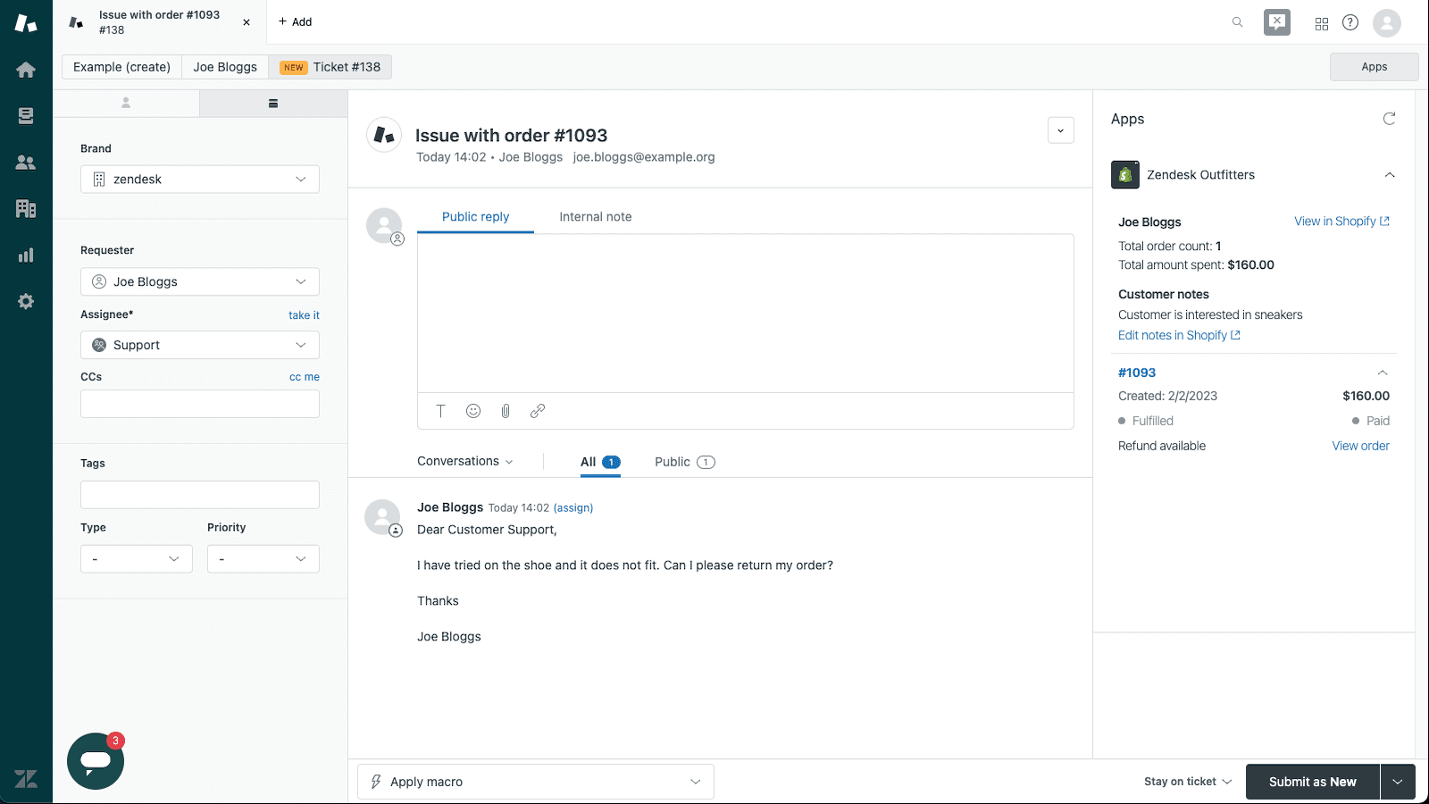 Zendesk ticket view for an issue with order #1093, with the Shopify app in the sidebar showing the customer's order count, total spent, a fulfilled and paid order and a refund available link, as taken from the Zendesk listing on the Shopify App Store