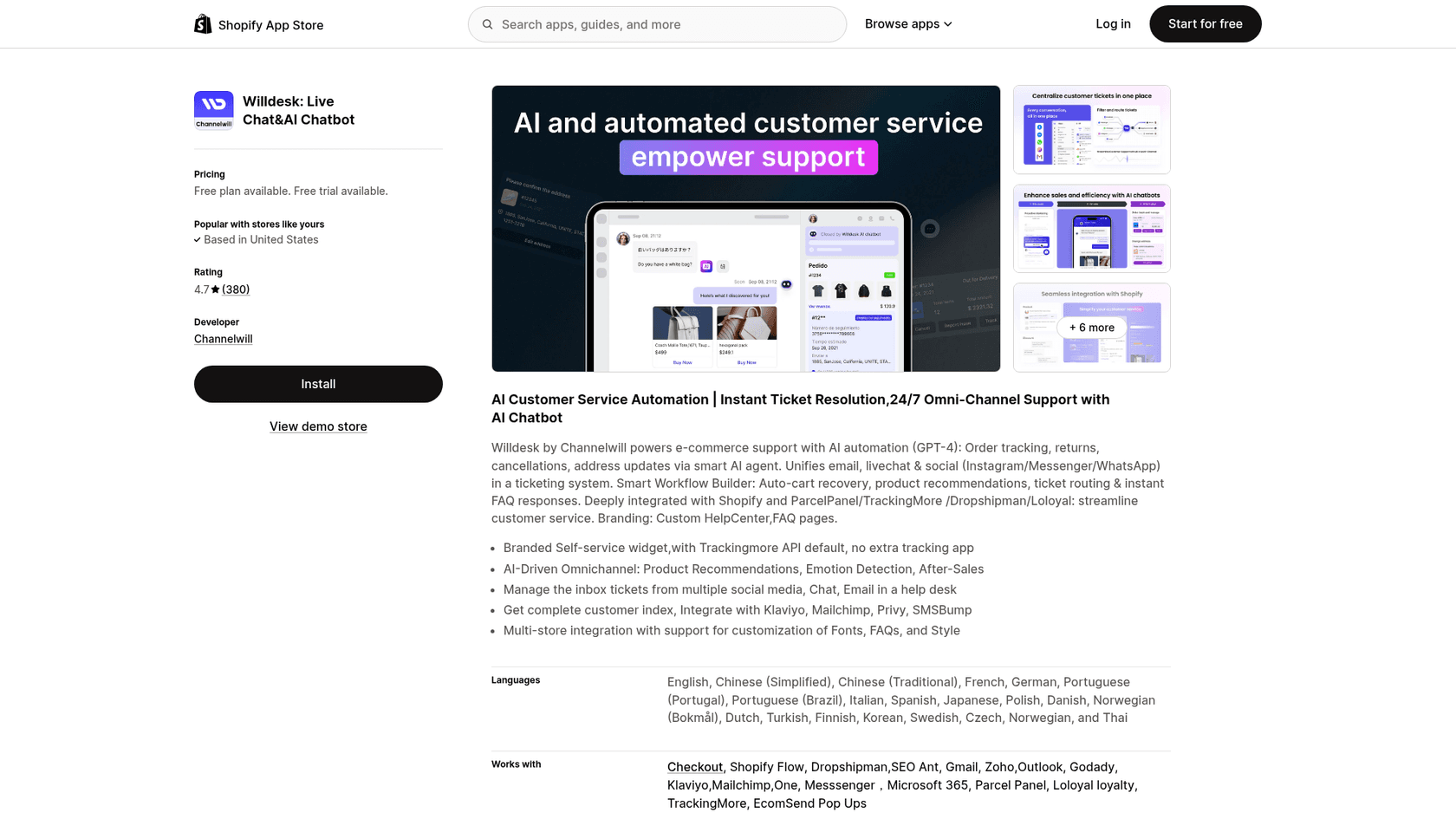 Willdesk's Shopify App Store listing showing the app name Willdesk: Live Chat&AI Chatbot, Pricing: Free plan available. Free trial available, a 4.7 rating from 380 reviews, the developer Channelwill, and a featured image reading "AI and automated customer service empower support", as taken from the Shopify App Store