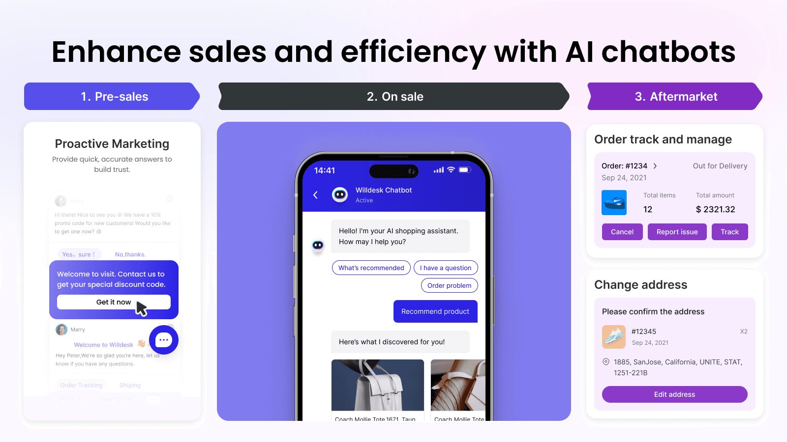 Willdesk listing image titled Enhance sales and efficiency with AI chatbots, split into pre-sales, on sale and aftermarket panels, with a chatbot recommending products and cards for order tracking and changing an address, as taken from the Shopify App Store