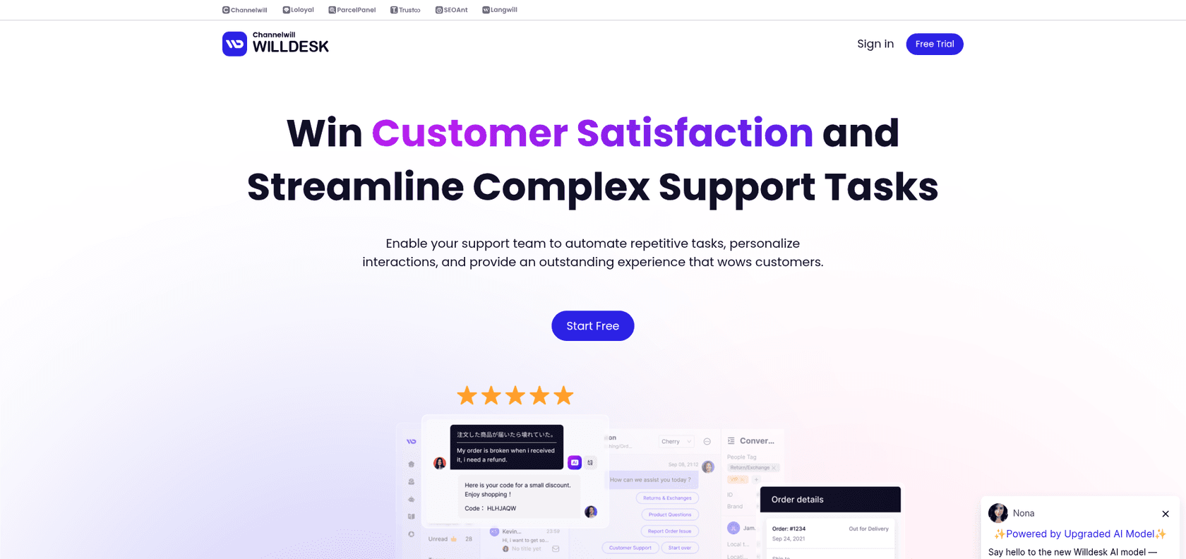 The Willdesk homepage with the headline Win Customer Satisfaction and Streamline Complex Support Tasks, a Start Free button, and a preview of the inbox with a Japanese customer message translated to English and an order details panel, as taken from Willdesk
