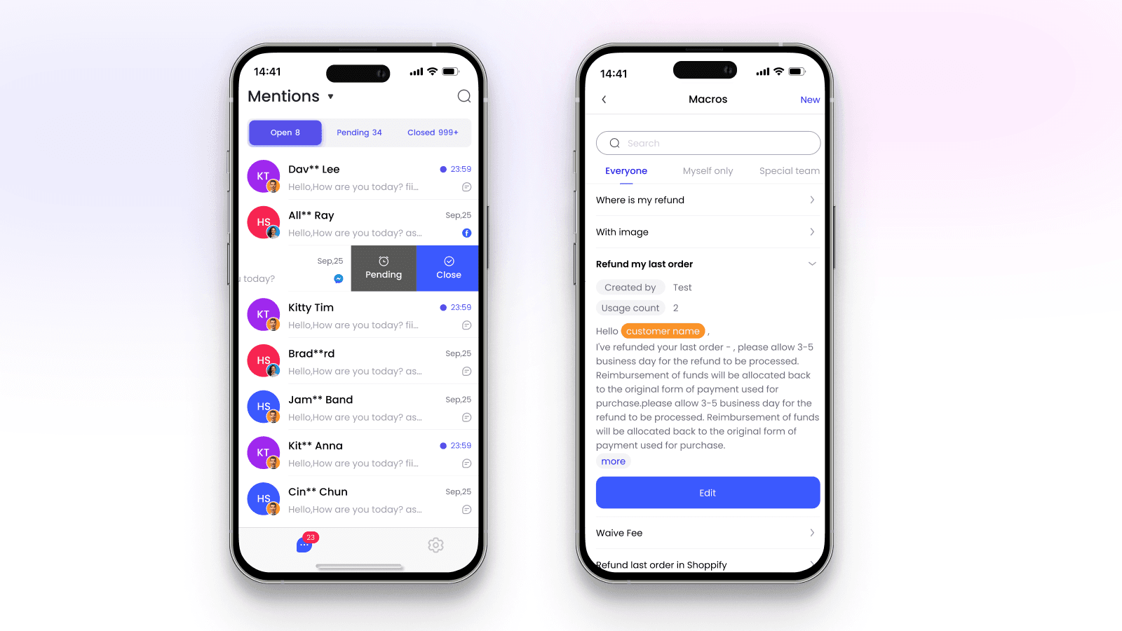 Two phone screens from the Willdesk mobile app, a Mentions list of open conversations with Pending and Close buttons, and a Macros screen showing a saved Refund my last order reply, as taken from the Shopify App Store