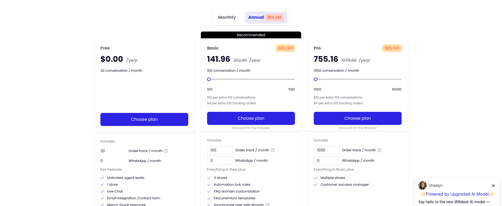 Willdesk pricing page with Monthly and Annual 30% off toggles and three cards: Free at $0 for 20 conversations, Basic at $141.96 a year (list $202.80) for 100 conversations, and Pro at $755.16 a year (list $1,078.80) for 1,000 conversations, each with order track and WhatsApp pickers, as taken from Willdesk