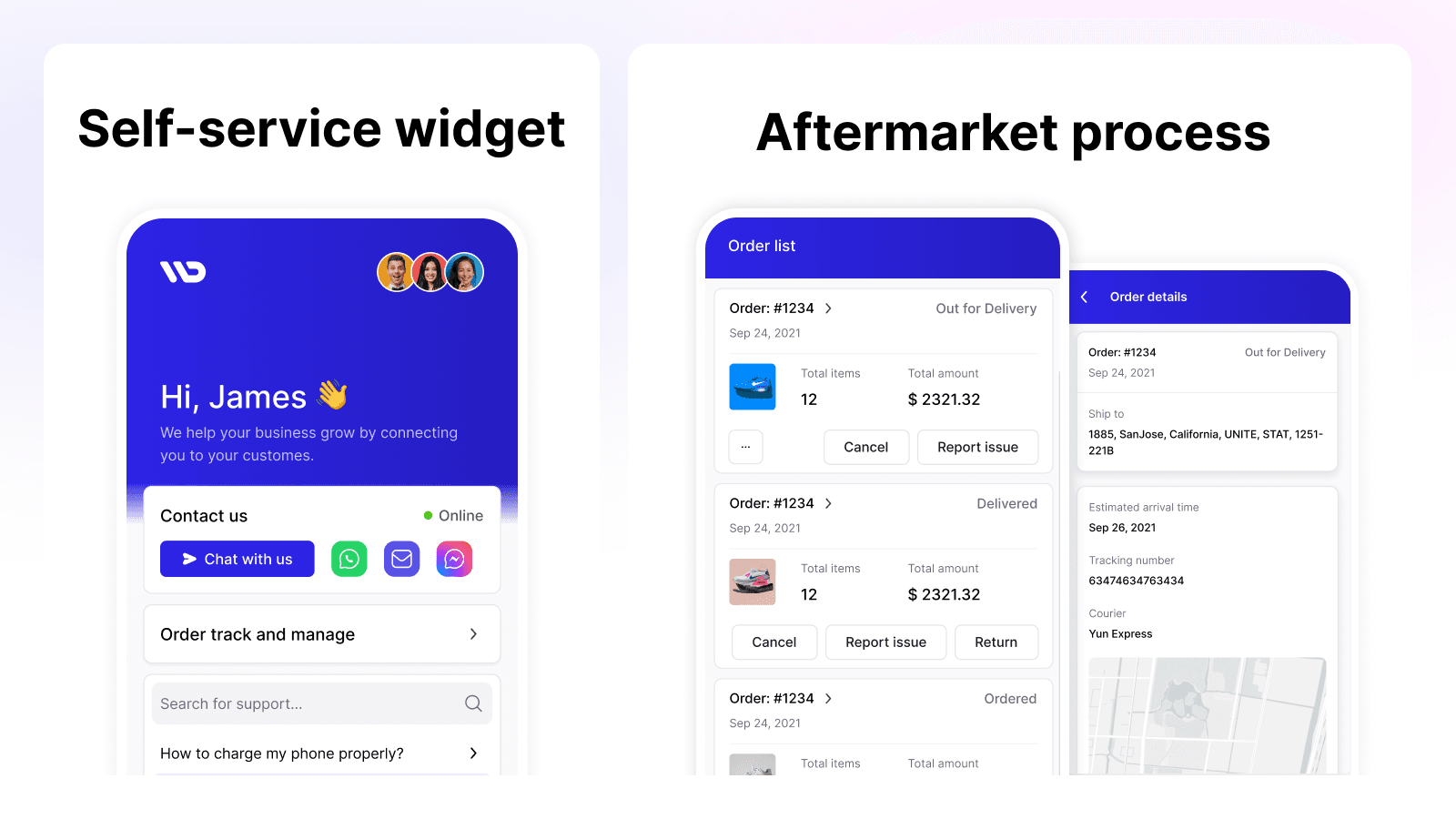 Willdesk listing image of the self-service widget, a branded chat panel with Chat with us, WhatsApp, email and Messenger buttons and an Order track and manage link, next to an order list with Cancel, Report issue and Return buttons, as taken from the Shopify App Store