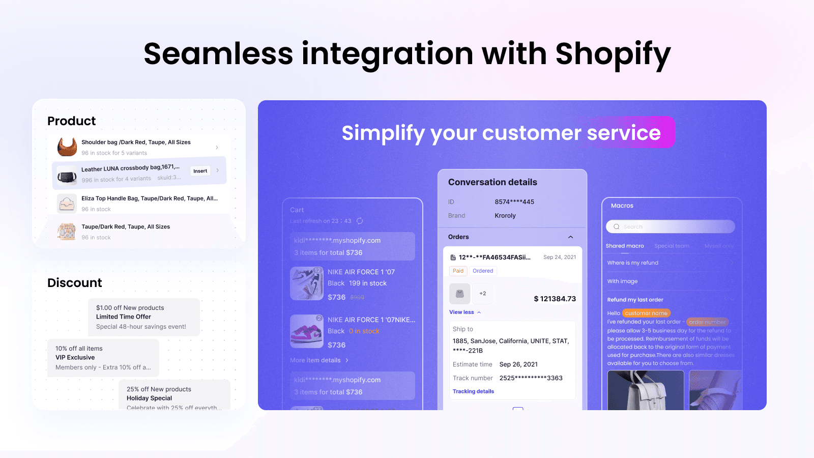 Willdesk listing image titled Seamless integration with Shopify, showing product and discount pickers and a Conversation details panel with an order, its items and tracking details, as taken from the Shopify App Store