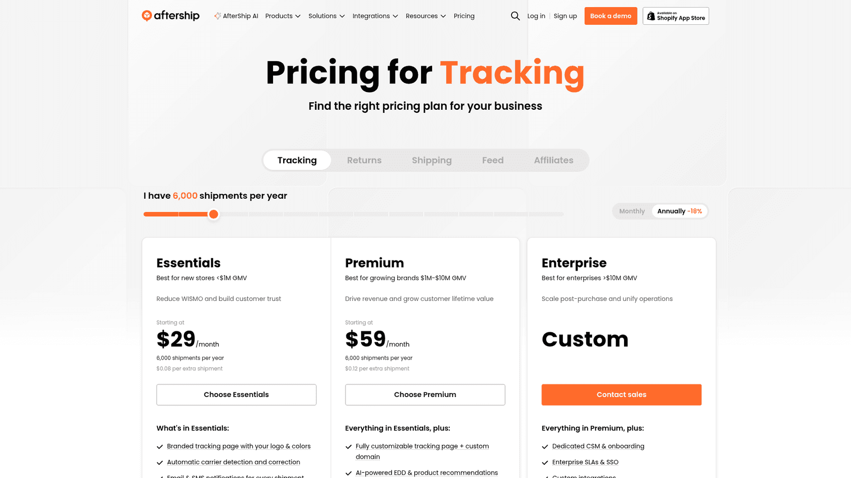 AfterShip tracking pricing page showing Essentials from $29 a month and Premium from $59 a month for 6,000 shipments per year, as taken from AfterShip