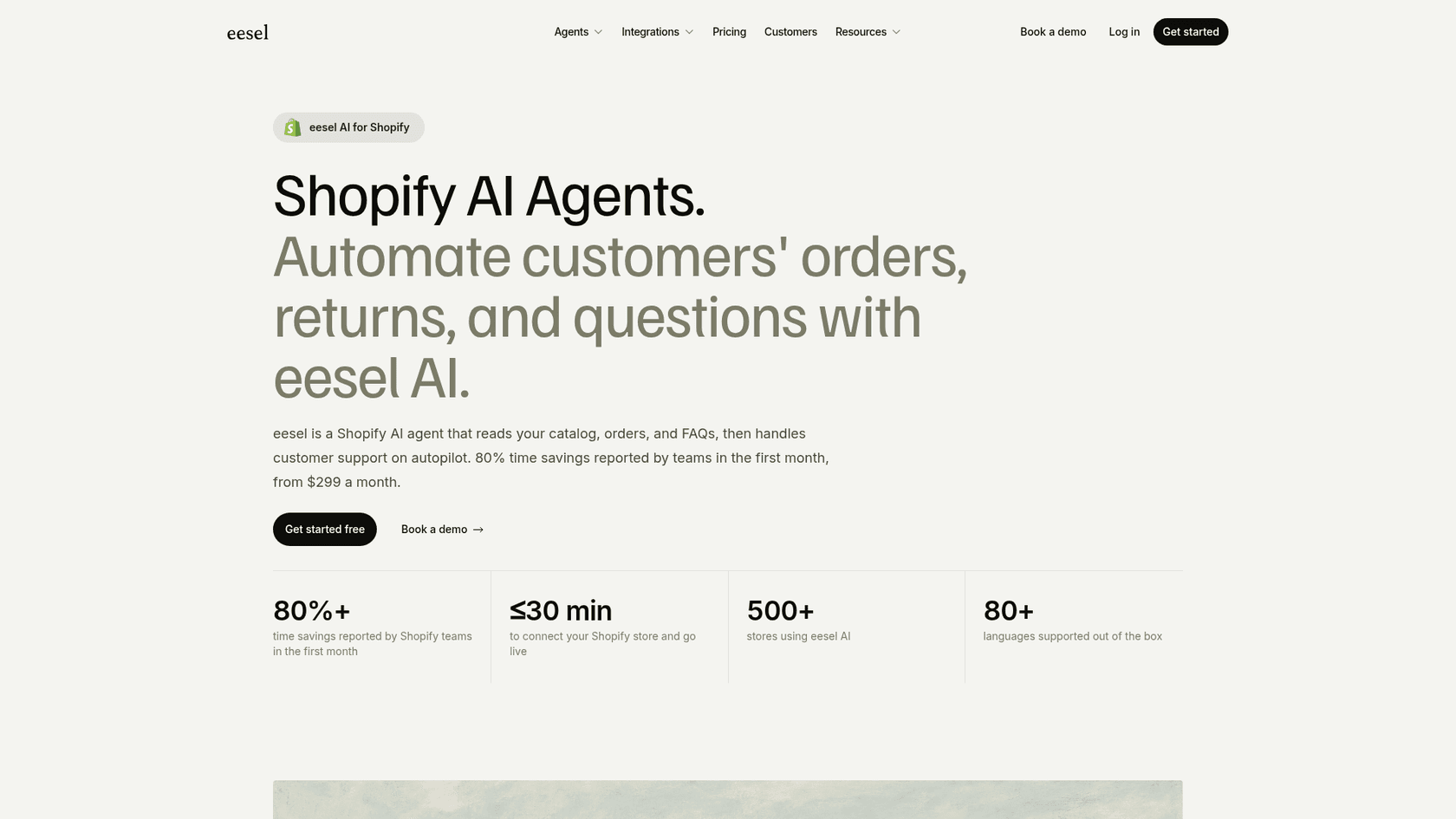 eesel's Shopify integration page, "Shopify AI Agents: automate customers' orders, returns, and questions with eesel AI"