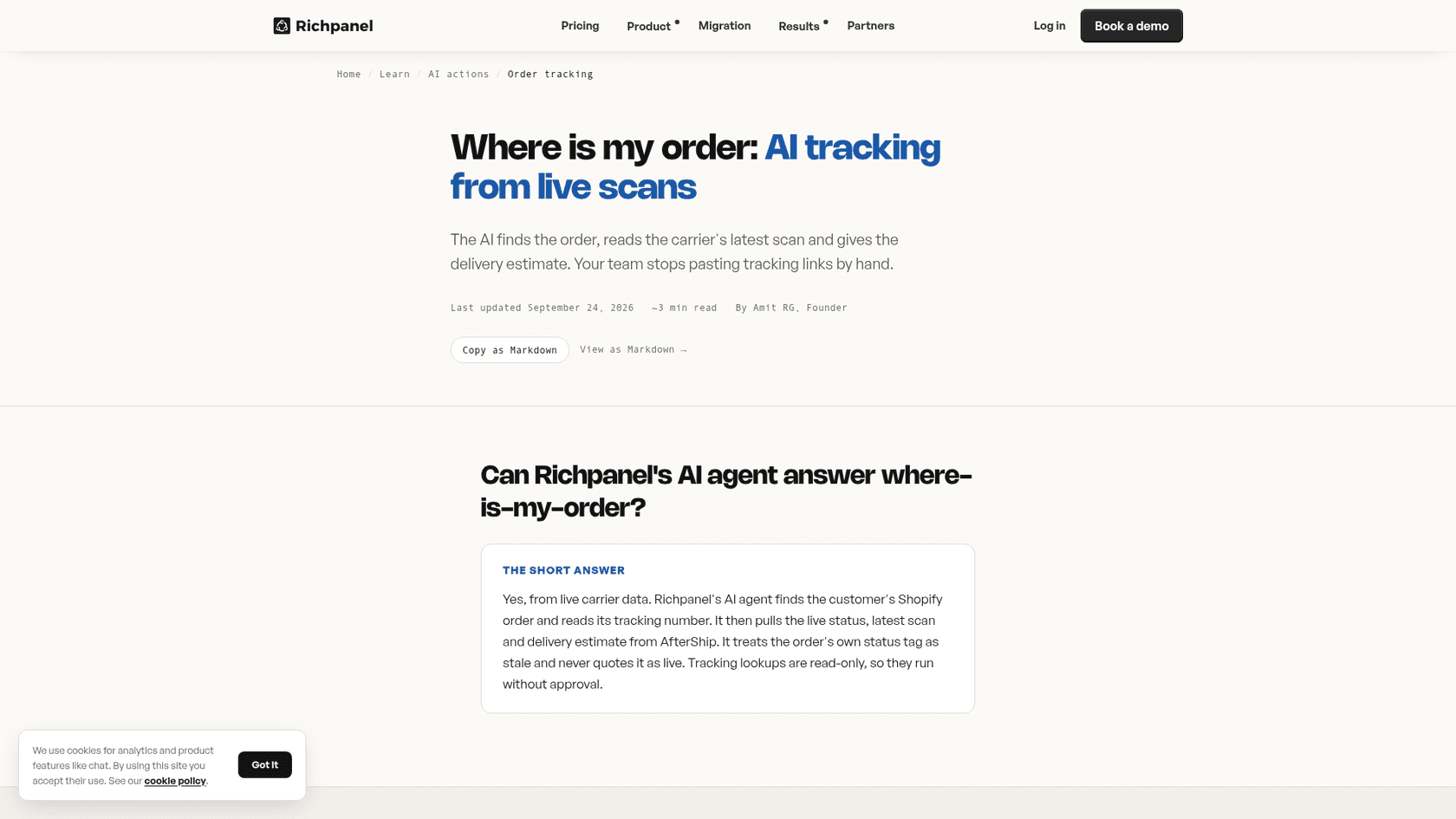 Richpanel's order tracking page explaining that its AI finds the Shopify order and pulls live status from AfterShip, as taken from Richpanel