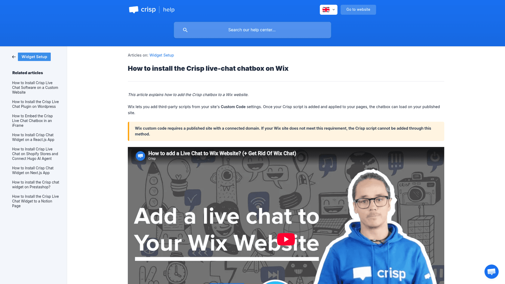 Crisp help article How to install the Crisp live-chat chatbox on Wix, with a highlighted note that Wix custom code requires a published site with a connected domain and a video titled Add a live chat to Your Wix Website, as taken from Crisp