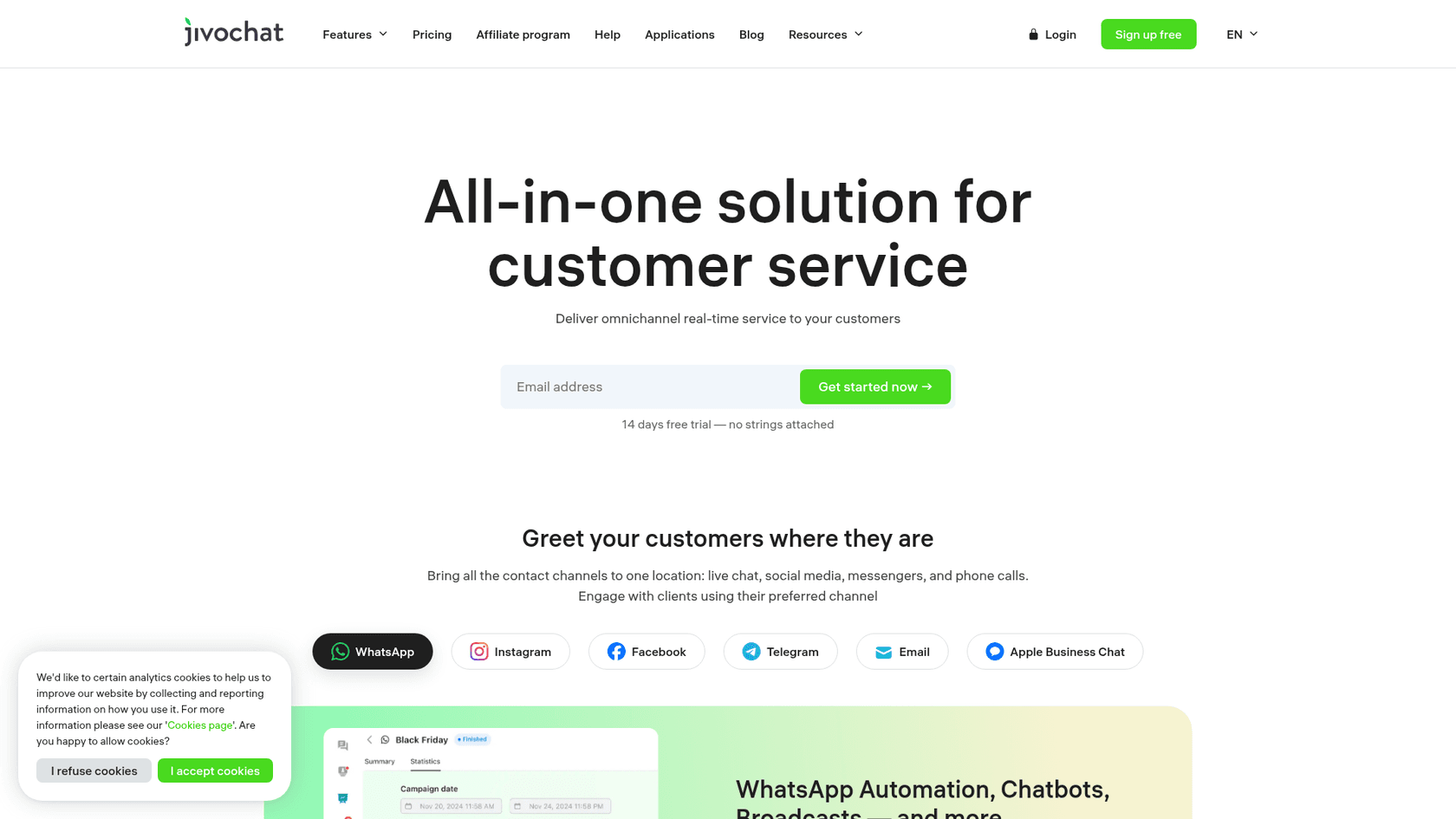The JivoChat homepage with the headline All-in-one solution for customer service and channel buttons for WhatsApp, Instagram, Facebook, Telegram, Email and Apple Business Chat, as taken from Jivo