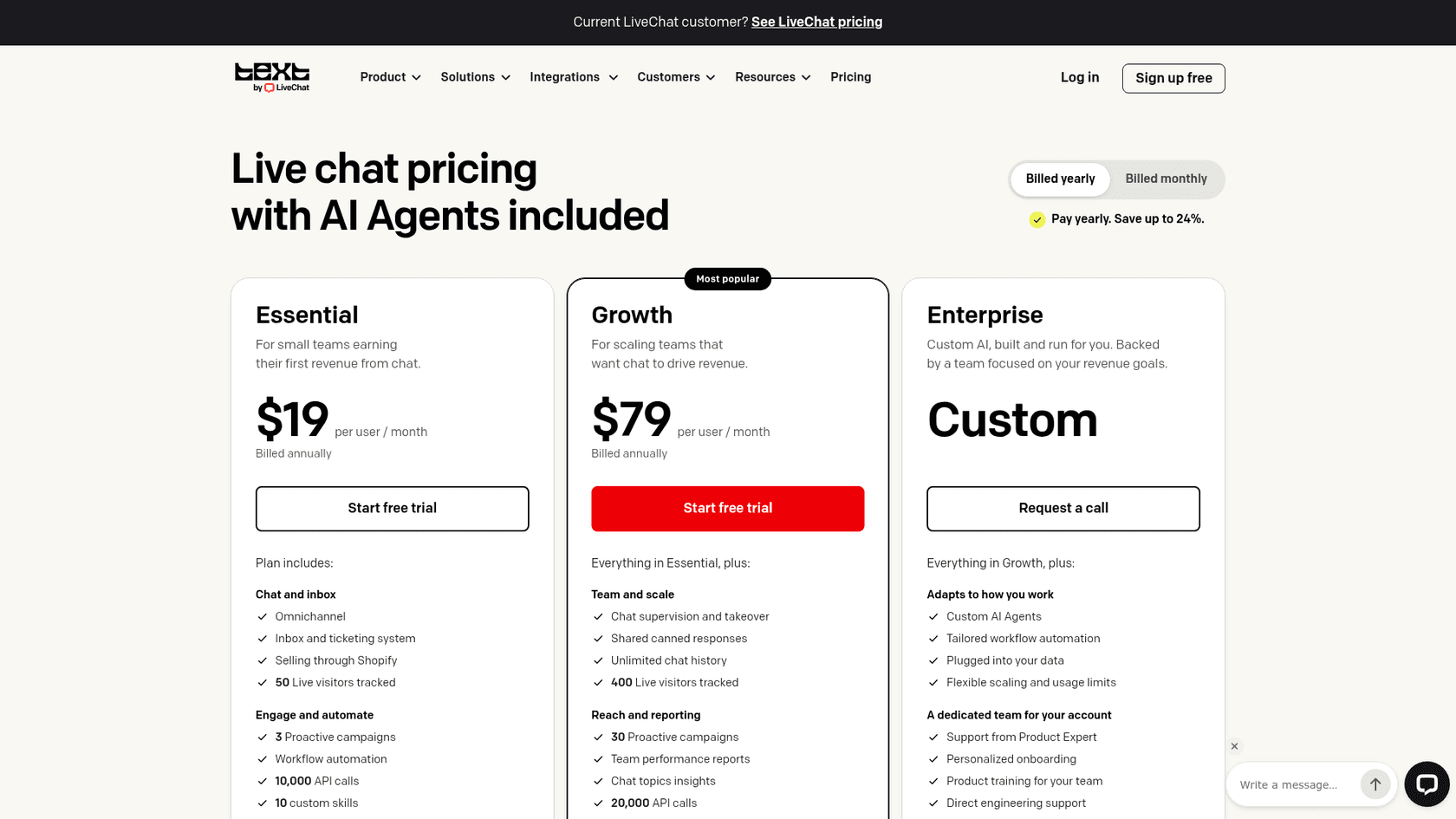 Text by LiveChat pricing page with Essential at 19 dollars and Growth at 79 dollars per user per month billed annually, and a custom Enterprise plan, as taken from LiveChat