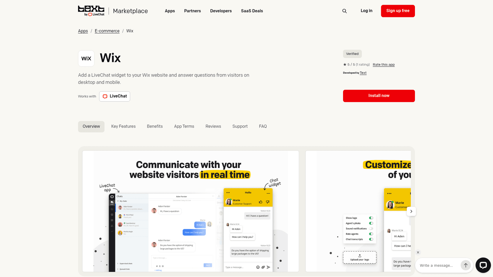 The Text by LiveChat marketplace page for the Wix app, with an Install now button and a screenshot of the LiveChat agent app next to a chat widget conversation, as taken from LiveChat