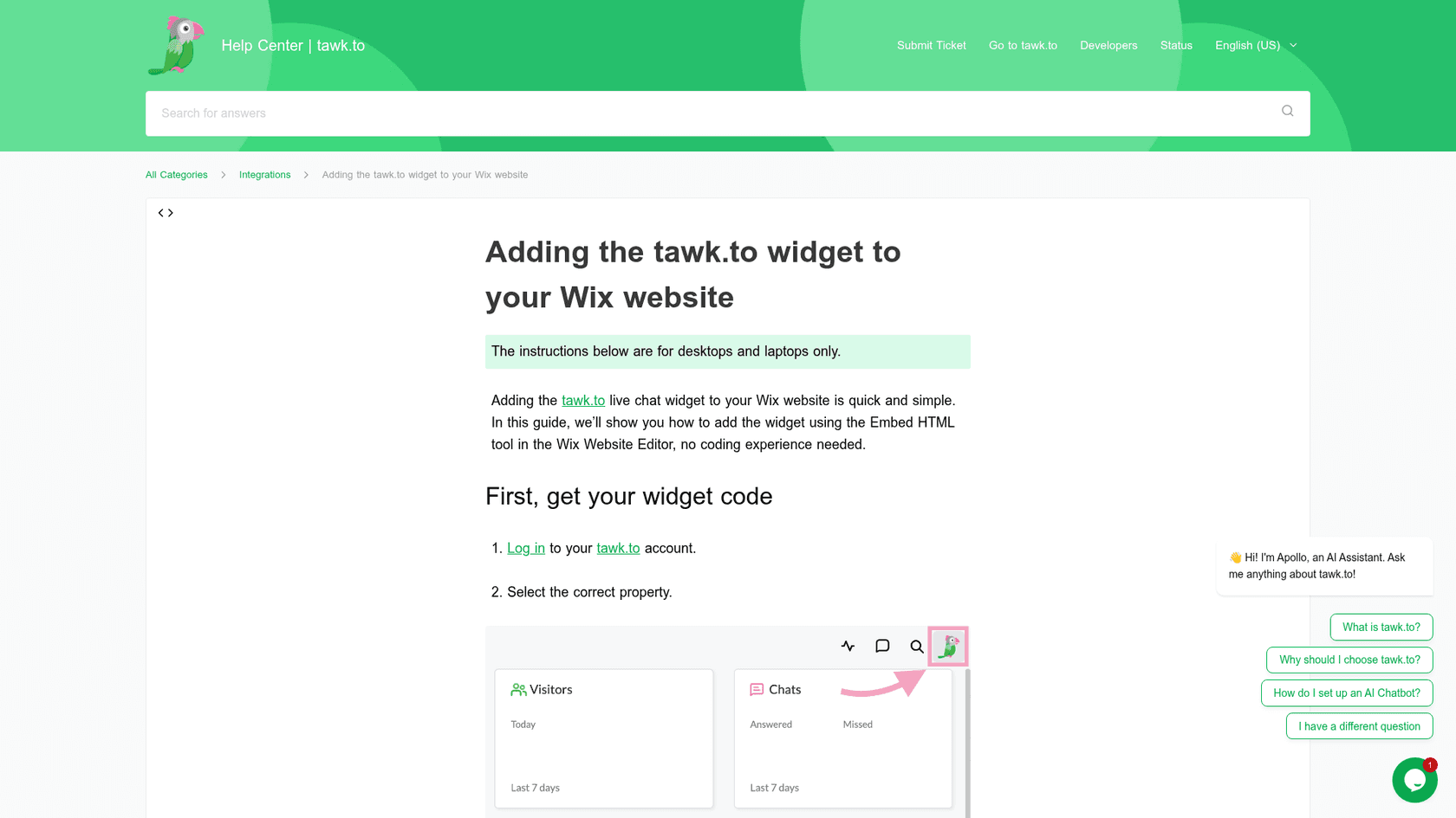tawk.to help center article Adding the tawk.to widget to your Wix website, explaining the Embed HTML method and the first steps to get the widget code from the dashboard, as taken from tawk.to