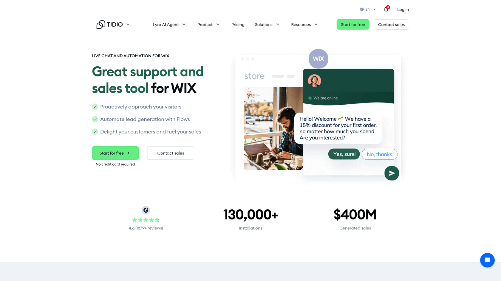 Tidio's Wix page with the headline Great support and sales tool for WIX, a mock store with the Tidio chat widget offering a 15 percent first-order discount, and 130,000+ installations below, as taken from Tidio