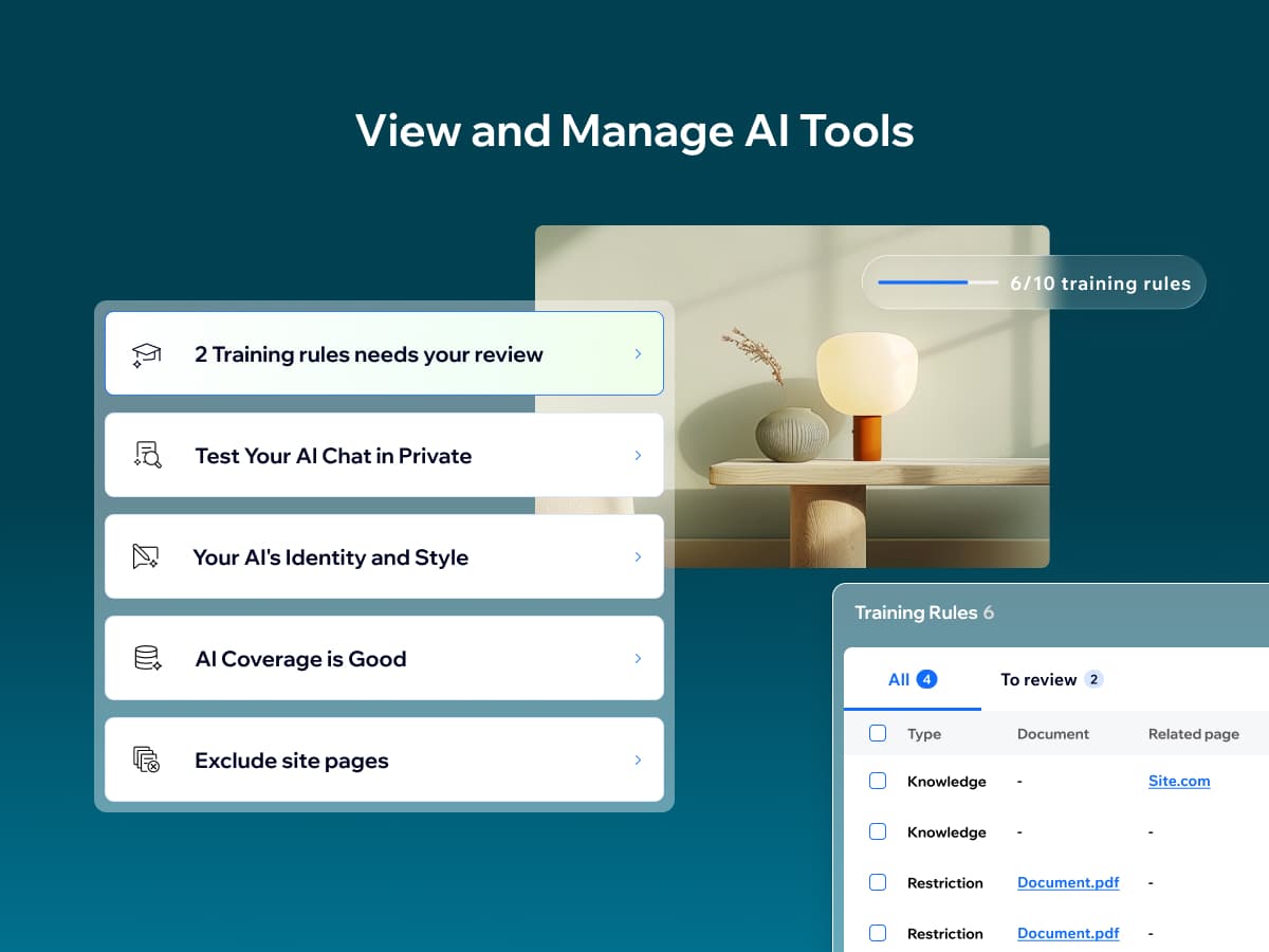 The Wix Smart Chat AI tools panel with shortcuts for training rules to review, Test Your AI Chat in Private, Your AI's Identity and Style, AI Coverage is Good and Exclude site pages, plus a training rules table showing 6 of 10 rules used, as taken from the Wix listing