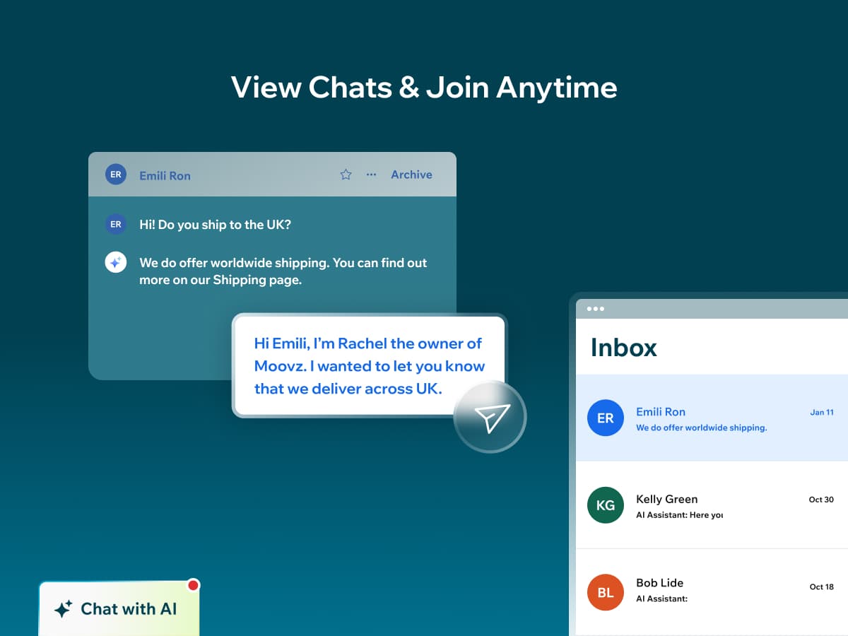 A Wix Inbox conversation where the AI tells a visitor named Emili that the shop offers worldwide shipping, and the owner then joins with a personal message, with a list of other AI-answered conversations on the right, from the Wix App Market gallery