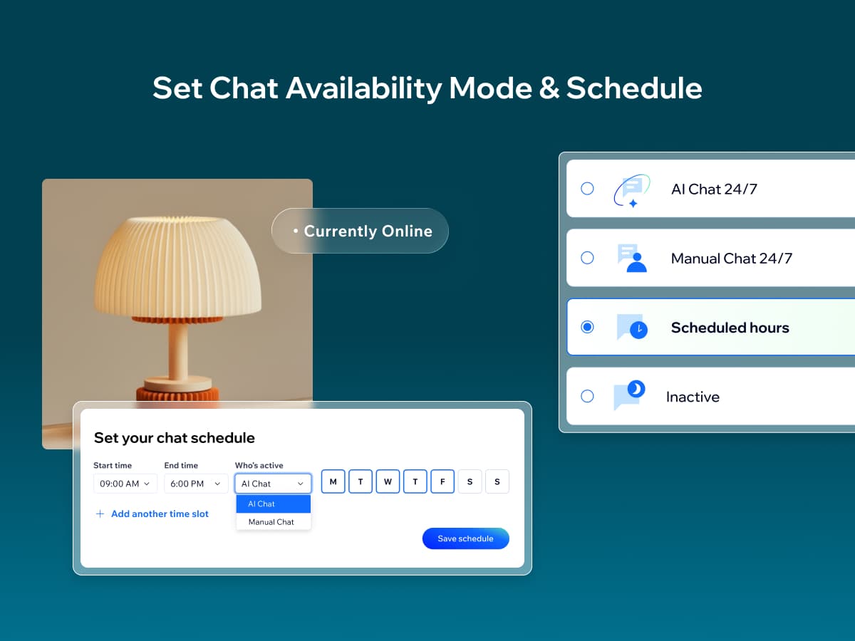 Wix Smart Chat's availability settings with four modes, AI Chat 24/7, Manual Chat 24/7, Scheduled hours and Inactive, and a schedule panel setting AI Chat from 9:00 AM to 6:00 PM on weekdays, as taken from the Wix App Market listing