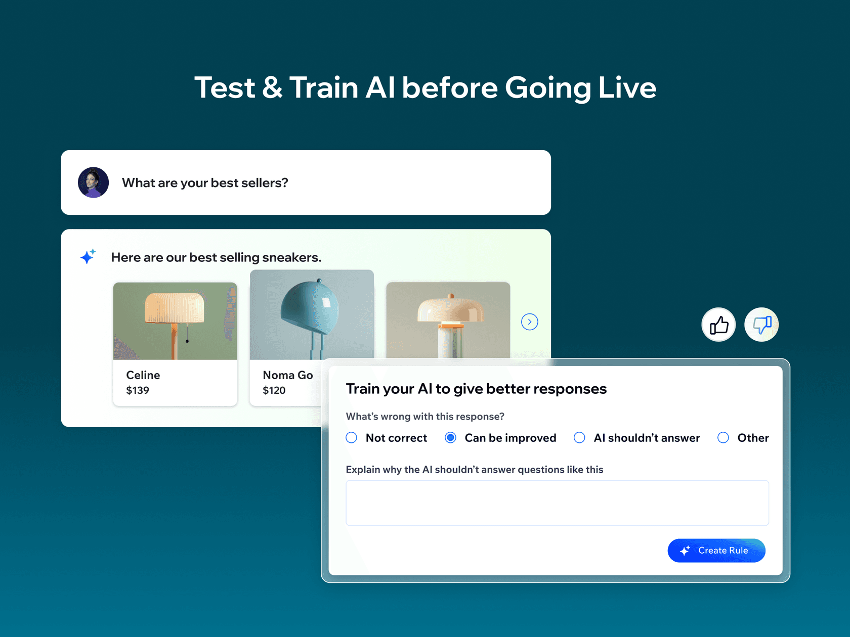 Wix Smart Chat's test and train screen, with a visitor asking for best sellers, the AI showing product cards, and a feedback panel asking what's wrong with the response, with options Not correct, Can be improved, AI shouldn't answer and Other, as taken from the Wix App Market listing