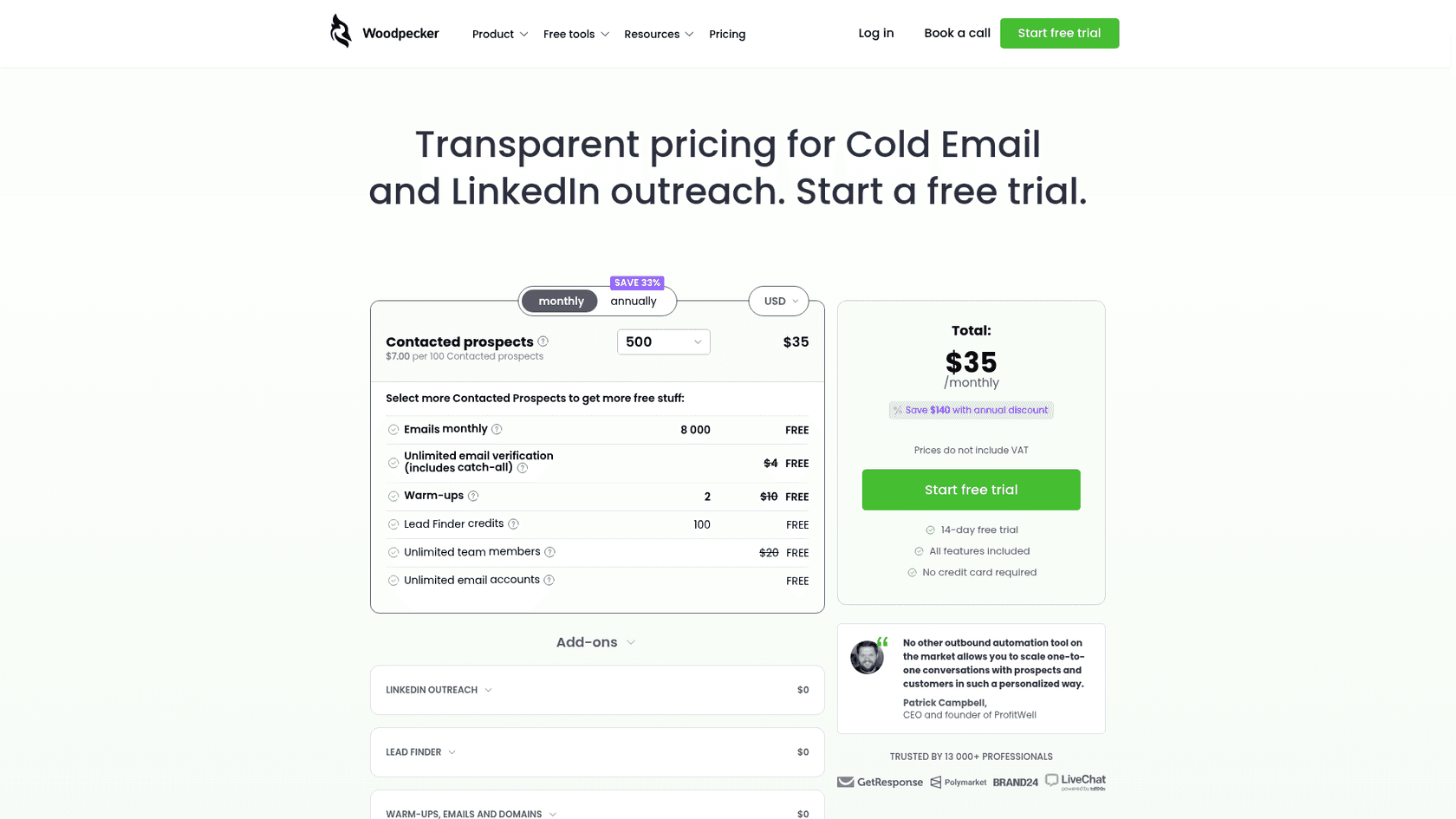 Woodpecker's pricing calculator based on contacted prospects, as taken from Woodpecker