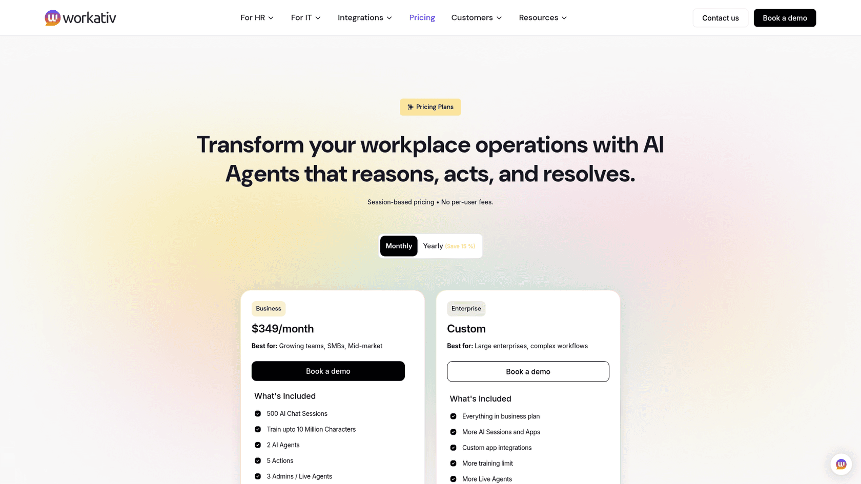 Workativ pricing with the Business plan at $349 per month, as taken from Workativ
