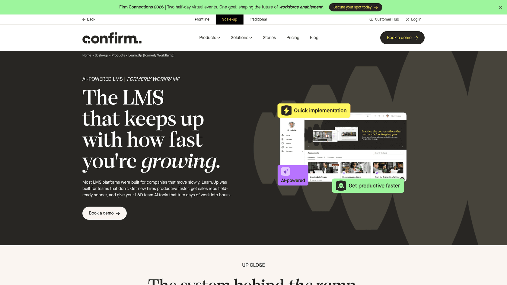 Learn:Up (formerly WorkRamp) homepage showing its AI-powered LMS, as taken from Confirm