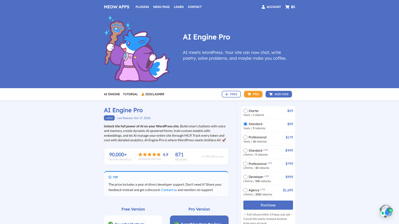 The AI Engine Pro product page showing 90,000+ active installs, a 4.9 rating from 871 reviews and yearly plans at $69 for 1 website, $99 for 5 and $179 for 20, with lifetime plans from $499, as taken from Meow Apps