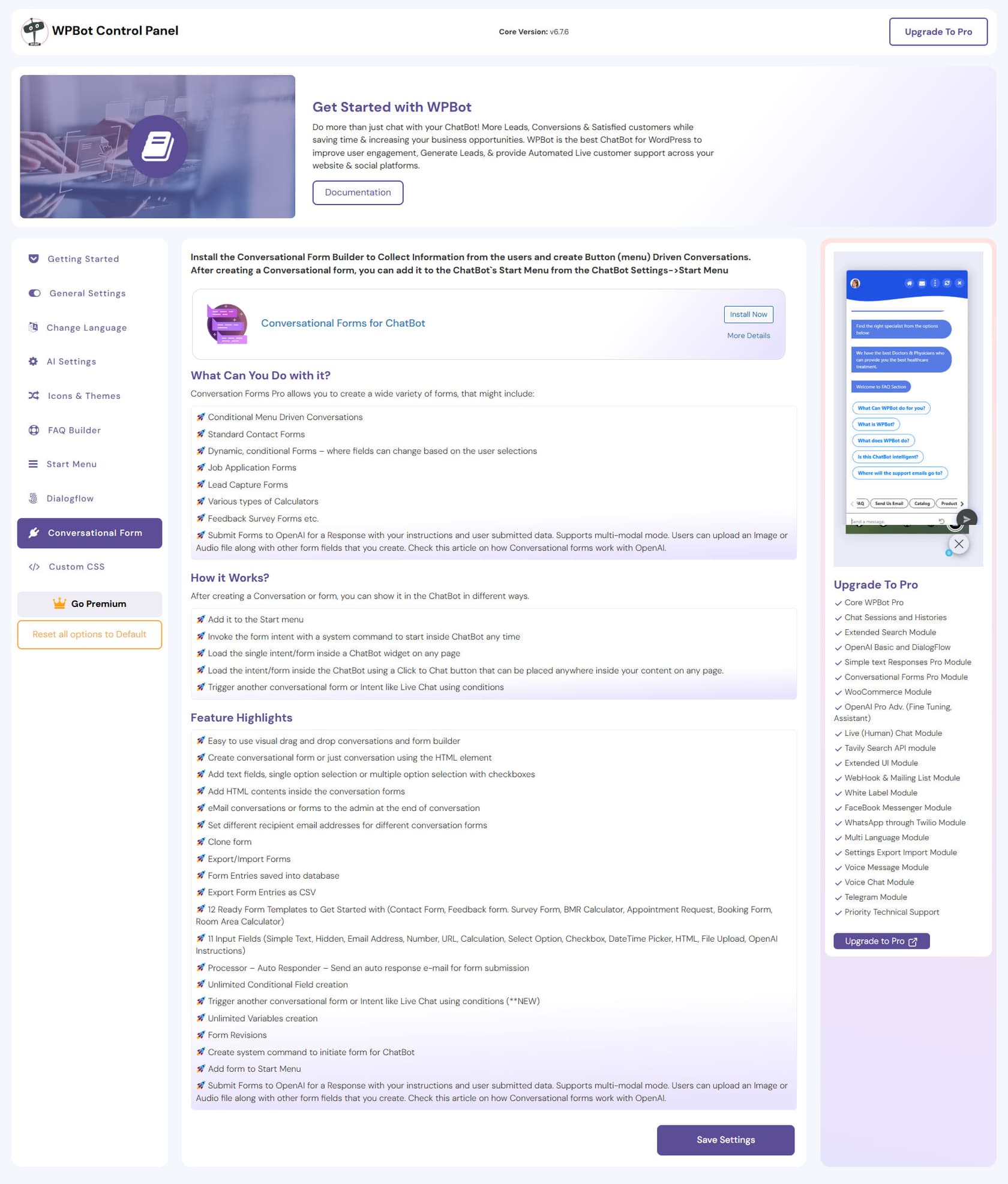 Das kostenlose WPBot-Bedienfeld auf dem Tab Conversational Form, rechts ein Panel „Upgrade To Pro“ mit den kostenpflichtigen Modulen wie WooCommerce, Live Chat, WhatsApp und Multi Language, entnommen von WordPress.org